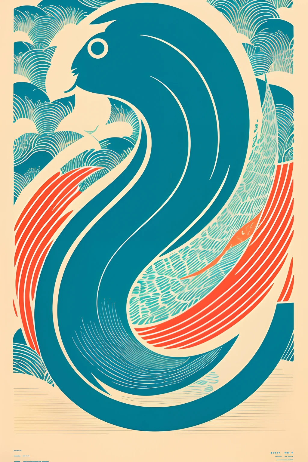 Poster of fish with long tail and long tail, Shepherd fairy style, 3-color screen printing, Screen printed poster, victo ngai fine texture, Japanese inspired poster, Poster illustration, victo ngai style, print!, an illustration of inspired by Victo Ngai, (screen print), Risotu poster, 3-color printing