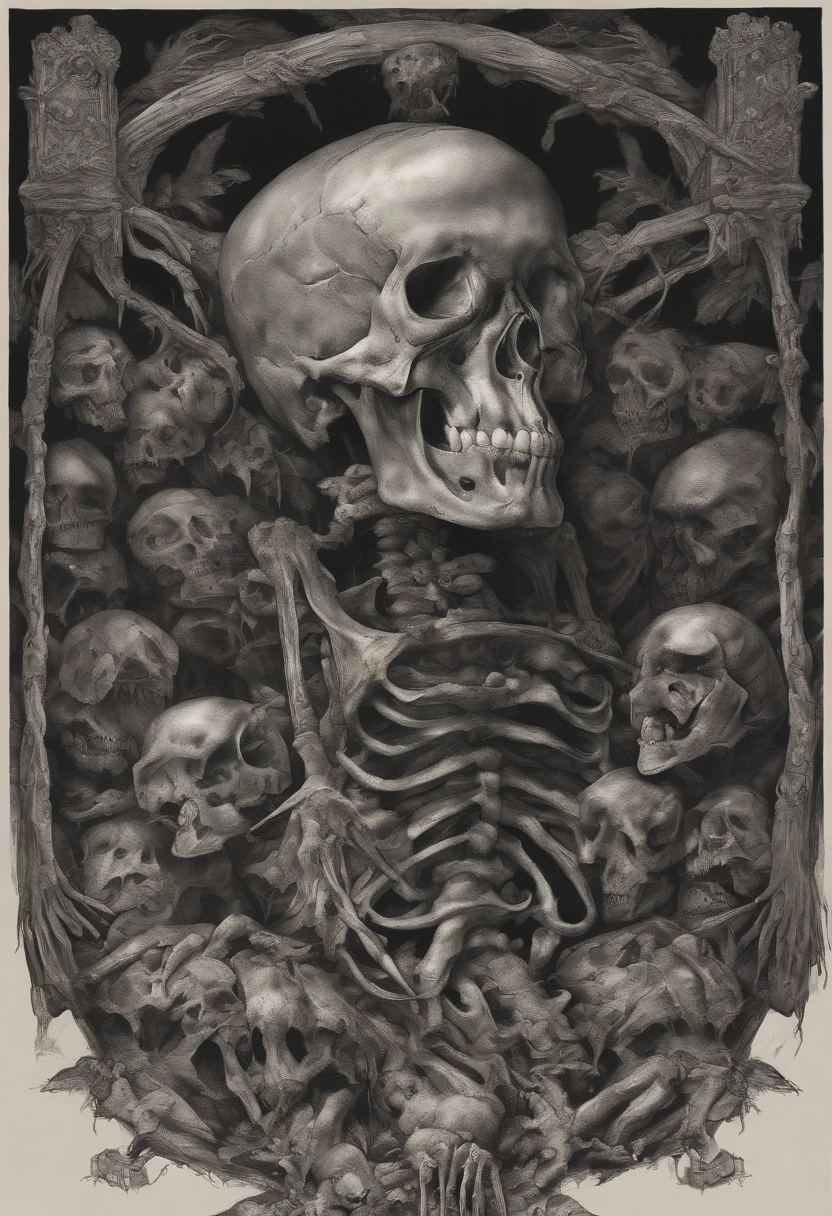 (Horror) creepy art, goretothecore, a close up of a skeleton with hands on it's chest, rotting, death metal album cover, rotting flesh, dug stanat macabre art, in hell, they sit next to a pile of bones, dark goddess , piles of bones, pile of skulls under his feet, black metal album cover, rotten flesh, crown of bones, s