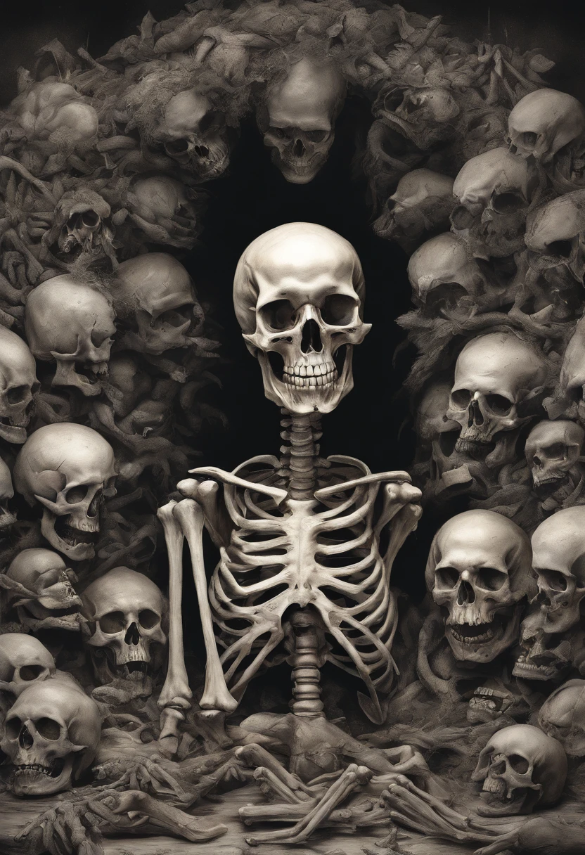(Horror) creepy art, goretothecore, a close up of a skeleton with hands on it's chest, rotting, death metal album cover, rotting flesh, dug stanat macabre art, in hell, they sit next to a pile of bones, dark goddess , piles of bones, pile of skulls under his feet, black metal album cover, rotten flesh, crown of bones, s