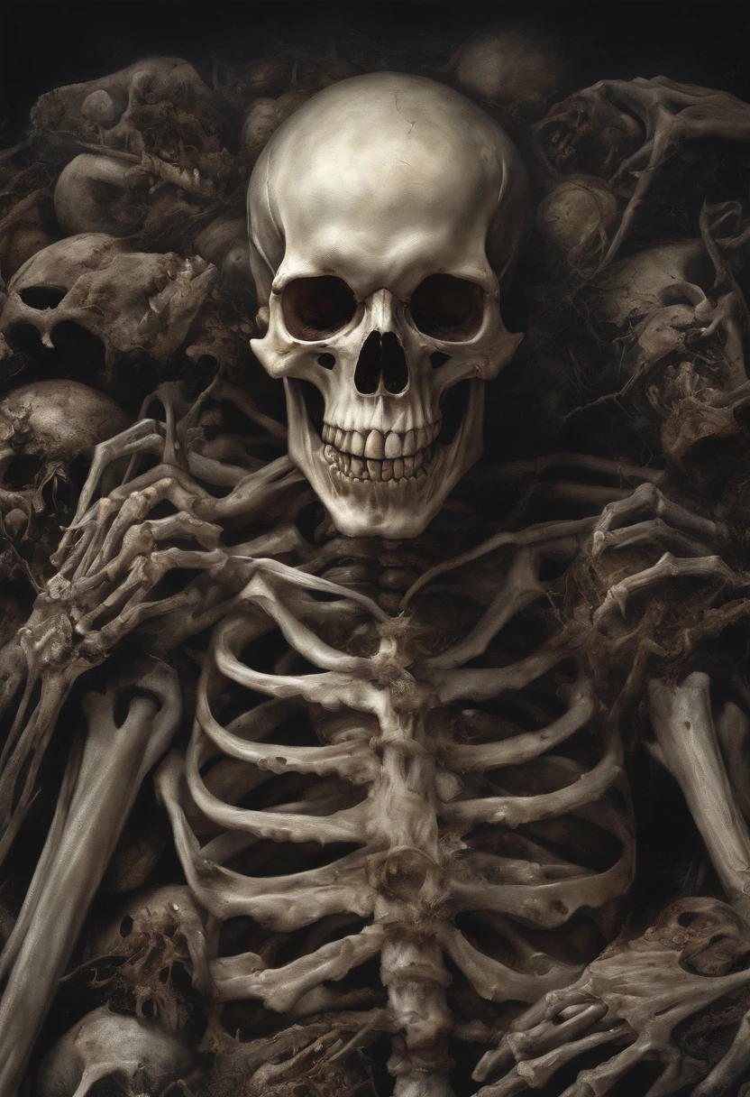 (Horror) creepy art, goretothecore, a close up of a skeleton with hands on it's chest, rotting, death metal album cover, rotting flesh, dug stanat macabre art, in hell, they sit next to a pile of bones, dark goddess , piles of bones, pile of skulls under his feet, black metal album cover, rotten flesh, crown of bones, s