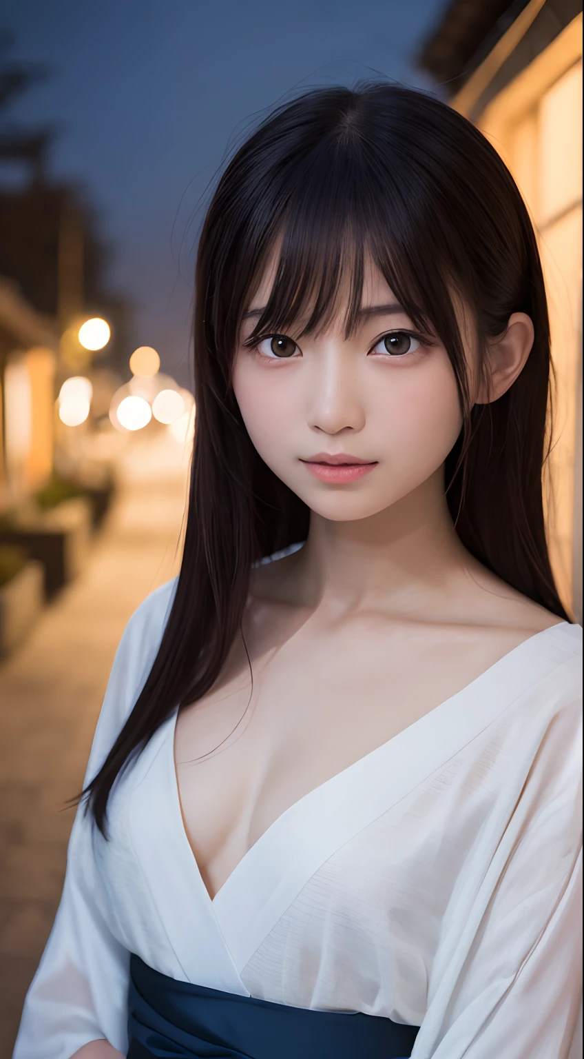 masutepiece, Best Quality, 8K, 8ars old, Teen, Raw photo, absurderes, award winning portrait, Smile, Solo, (Night:1.8), Idol face, Delicate girl, Upper body, Digital SLR, Looking at Viewer, Candid, Sophisticated,Thin arms, Professional Lighting, Film grain, chromatic abberation, (Eyes and faces with detailed:1.0), (Kimono:1.1) , closes mouth , A dark-haired , drooing eyes , Average-sized breasts , Shoulder out
