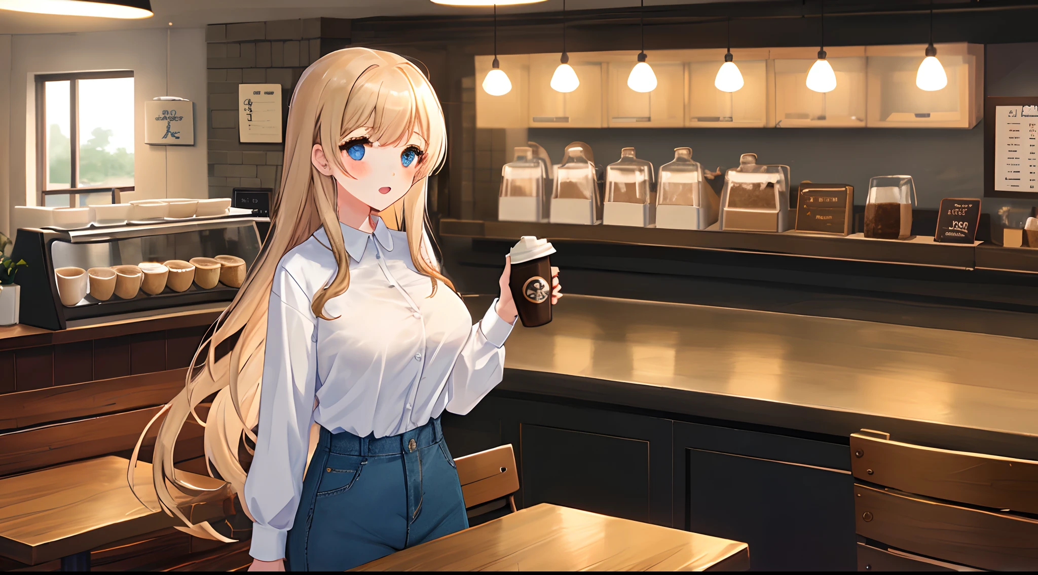 Girls in the workplace，white  shirt，denim pant，Coffee at the café，Long hair，Bigchest，Temperament girl