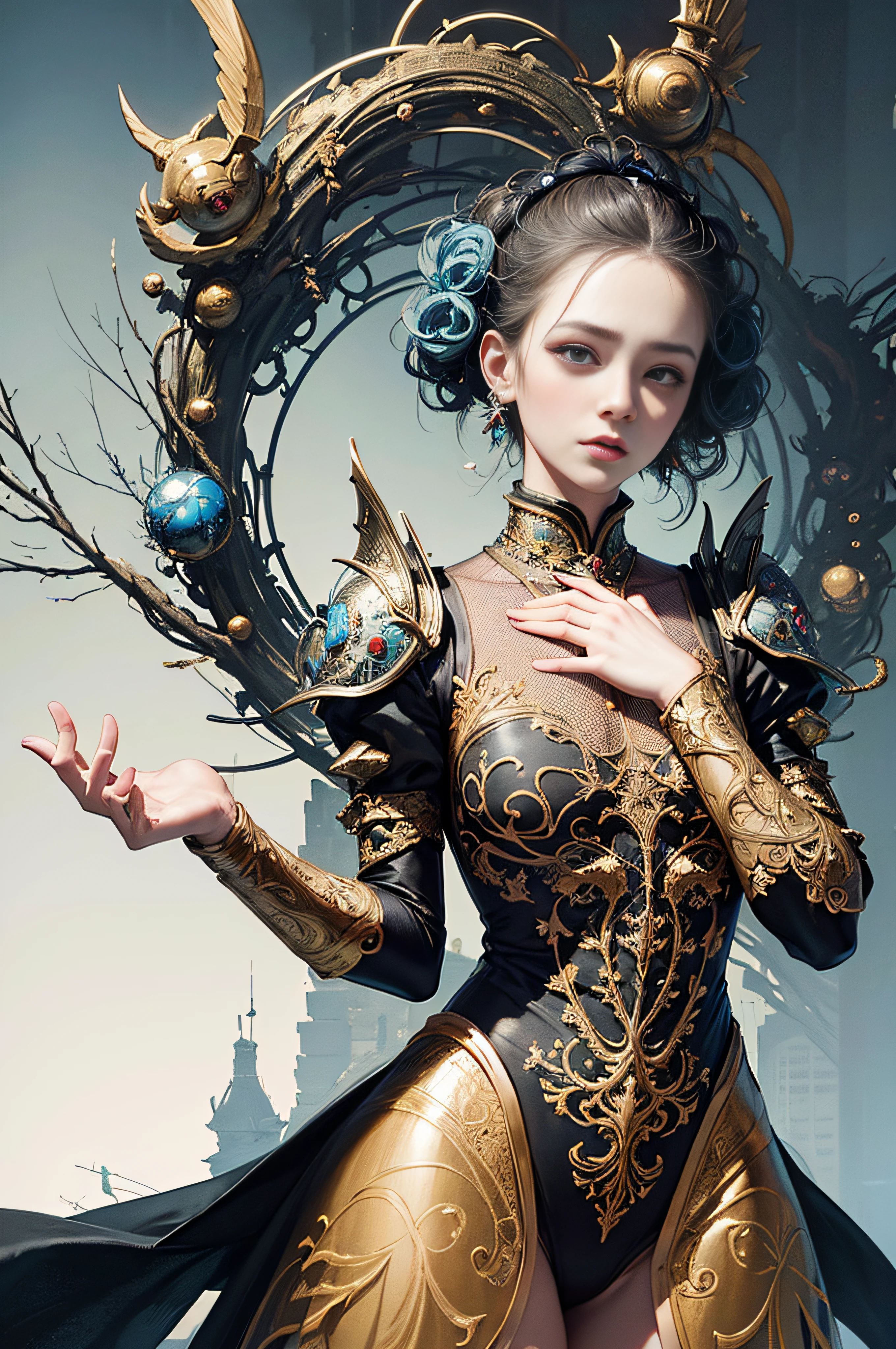 official art, unity 8k wallpaper, ultra detailed, beautiful and aesthetic, masterpiece, best quality, (zentangle, mandala, tangle, entangle), (fractal art:1.3) , 1girl, extremely detailed, dynamic angle, cowboyshot, the most beautiful form of chaos, elegant, a brutalist designed, vivid colours, romanticism, by james jean, roby dwi antono, ross tran, francis bacon, michal mraz, adrian ghenie, petra cortright, gerhard richter, takato yamamoto, ashley wood, atmospheric, ecstasy of musical notes, streaming musical notes visible