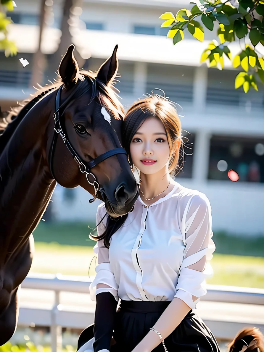 Beautiful woman, young woman, outdoors, racetrack area, (confetti flying), ((riding horse)), white time, short cut hair, eye reflection, cone rub, ray tracing, reflected light, blur, shining light, depth of field, chiaroscuro, stereogram, zoom layer, cowboy shot, f / 2. 8, blur, Masterpiece, highest quality, high quality, hard disk