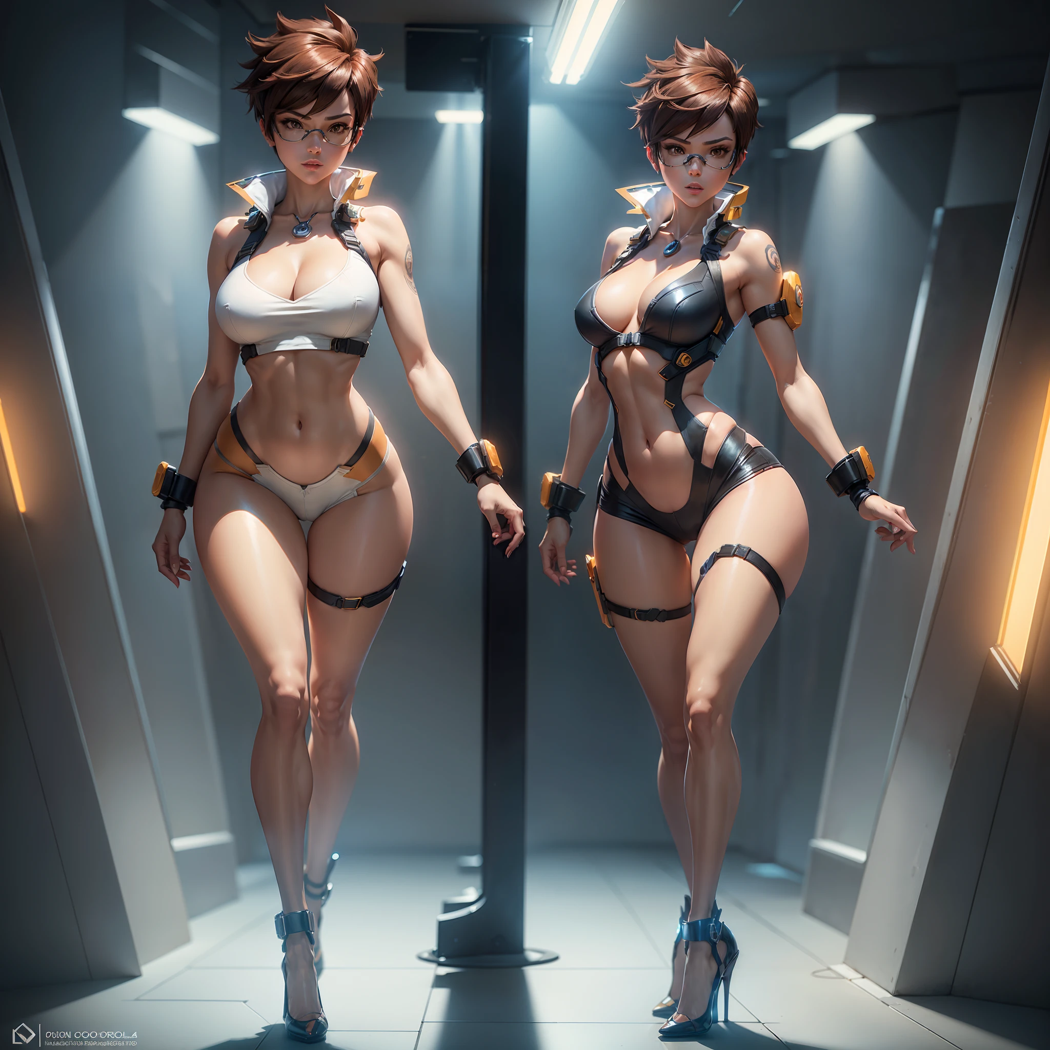 ,tracer, solo,cleavage, ((whole body and legs in frame)), full body, soft lighting, nightclub, high heel pumps,big hips,,side view,mid walk,(detailed face) (detailed eyes) (detailed lips)