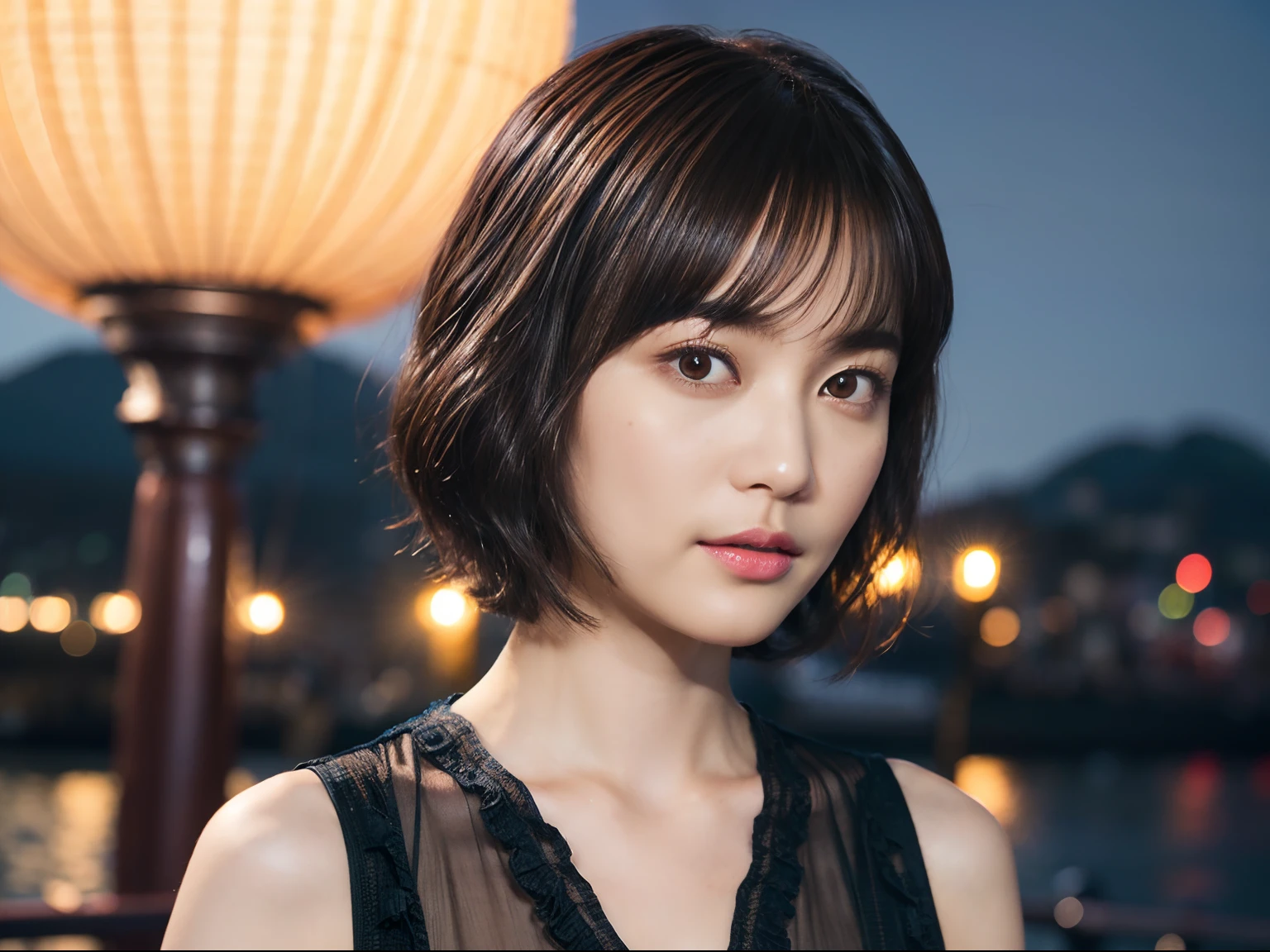 41
(Airy wavy short bob cut:1.23), (a 25yo woman), (A hyper-realistic), (masutepiece), (8KUHD), Being in the harbor at night, Medium chest