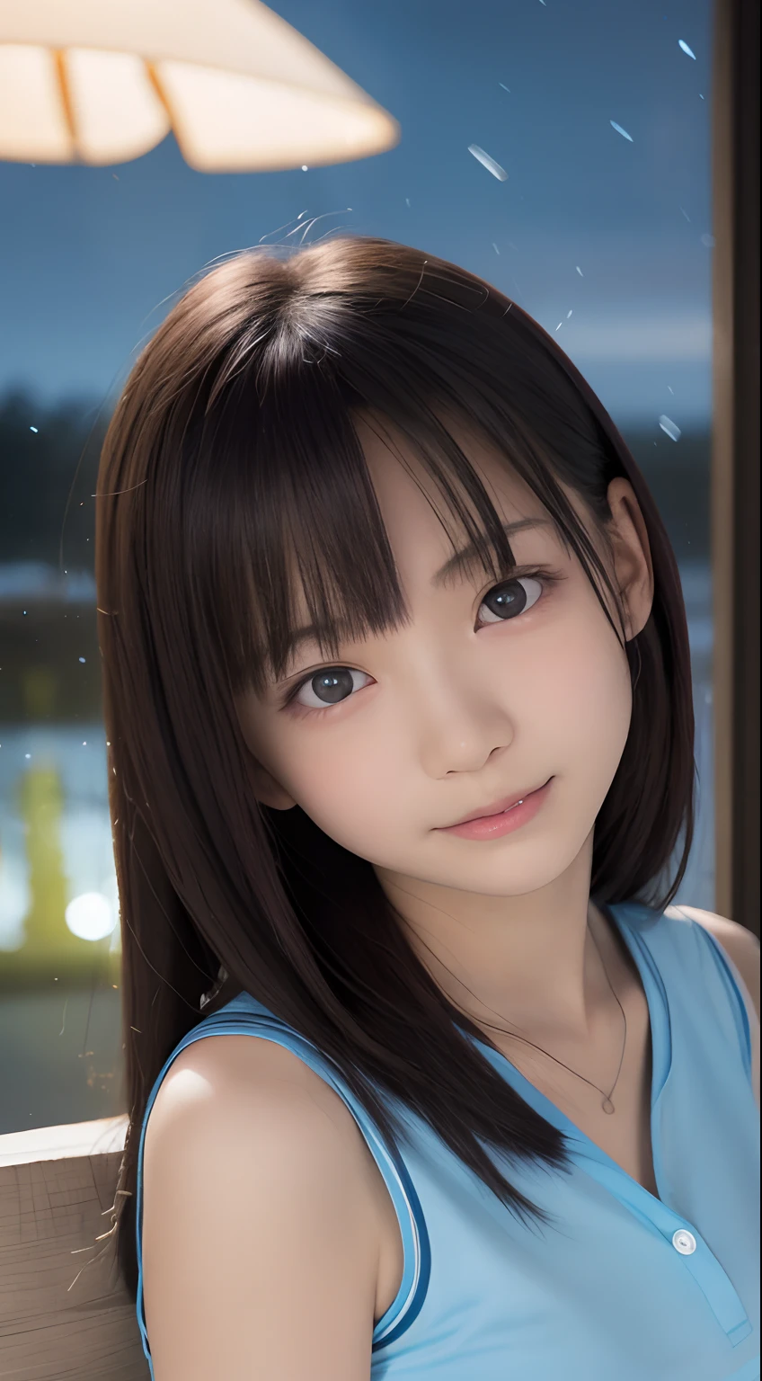 masutepiece, Best Quality, 8K, 8years old, Teen, Raw photo, absurderes, award winning portrait, Smile, Solo, (Night:1.8), Idol face, Delicate girl, Upper body, Digital SLR, Looking at Viewer, Candid, Sophisticated,Thin arms, Professional Lighting, Film grain, chromatic abberation, (Eyes and faces with detailed:1.0), (Bokeh:1.1) , (polo shirts:1.1) , closes mouth , A dark-haired , drooing eyes , Average-sized breasts