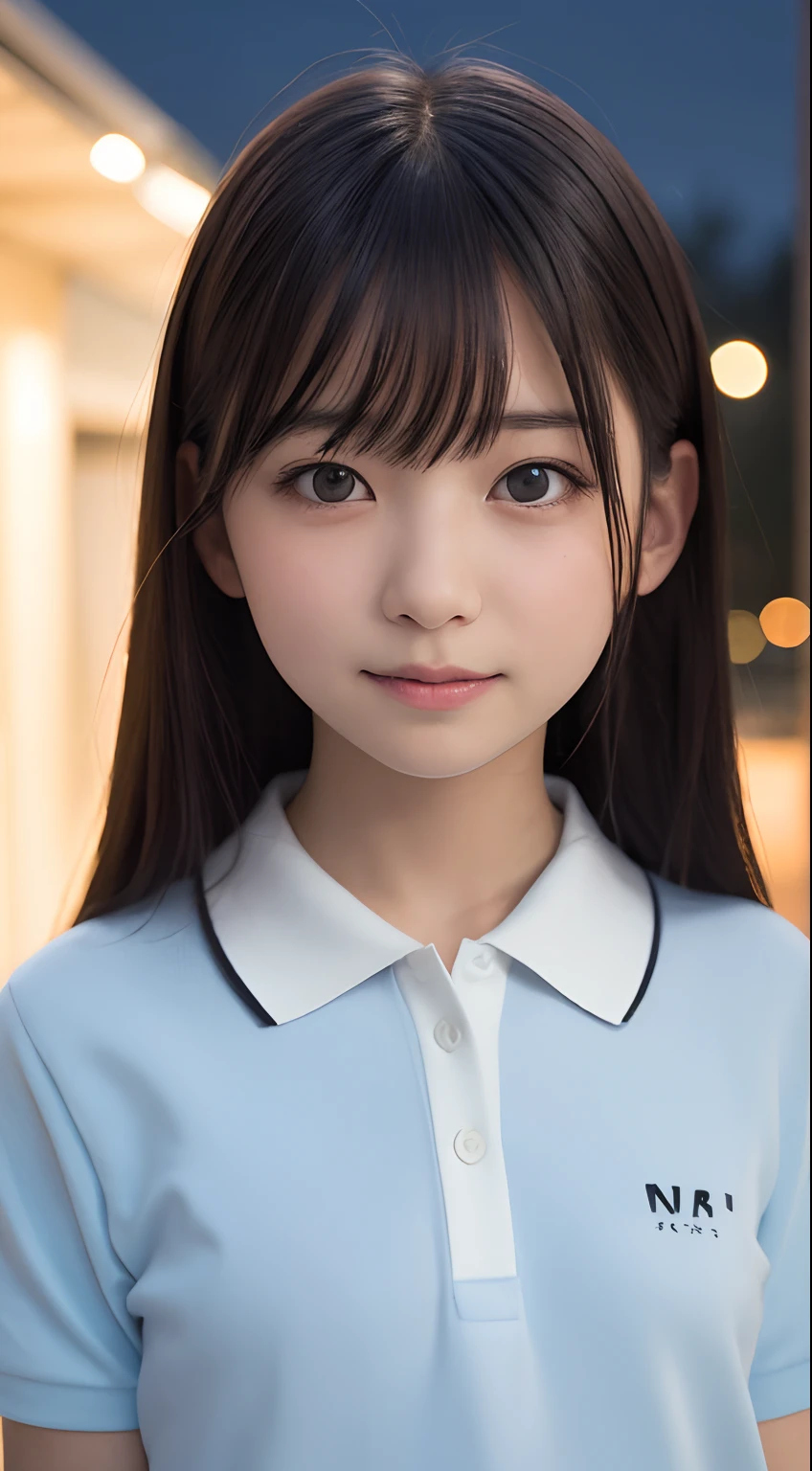 masutepiece, Best Quality, 8K, 8years old, Teen, Raw photo, absurderes, award winning portrait, Smile, Solo, (Night:1.8), Idol face, Delicate girl, Upper body, Digital SLR, Looking at Viewer, Candid, Sophisticated,Thin arms, Professional Lighting, Film grain, chromatic abberation, (Eyes and faces with detailed:1.0), (Bokeh:1.1) , (polo shirts:1.1) , closes mouth , A dark-haired , drooing eyes , big-sized breasts , red-lips , thick lip , de pele branca , 15-year-old face