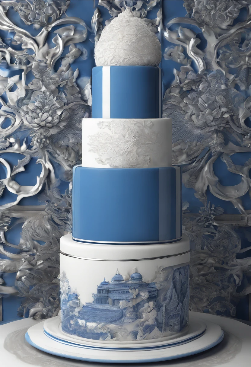 Blue and white porcelain,Ceramic cake,Embossed silver landscape,artwork of a,Ornaments, high detail,3D, Chiaroscuro, Cinematic lighting, god light, Cinematic lighting, hyper HD, High details, Best quality, A high resolution, Textured skin