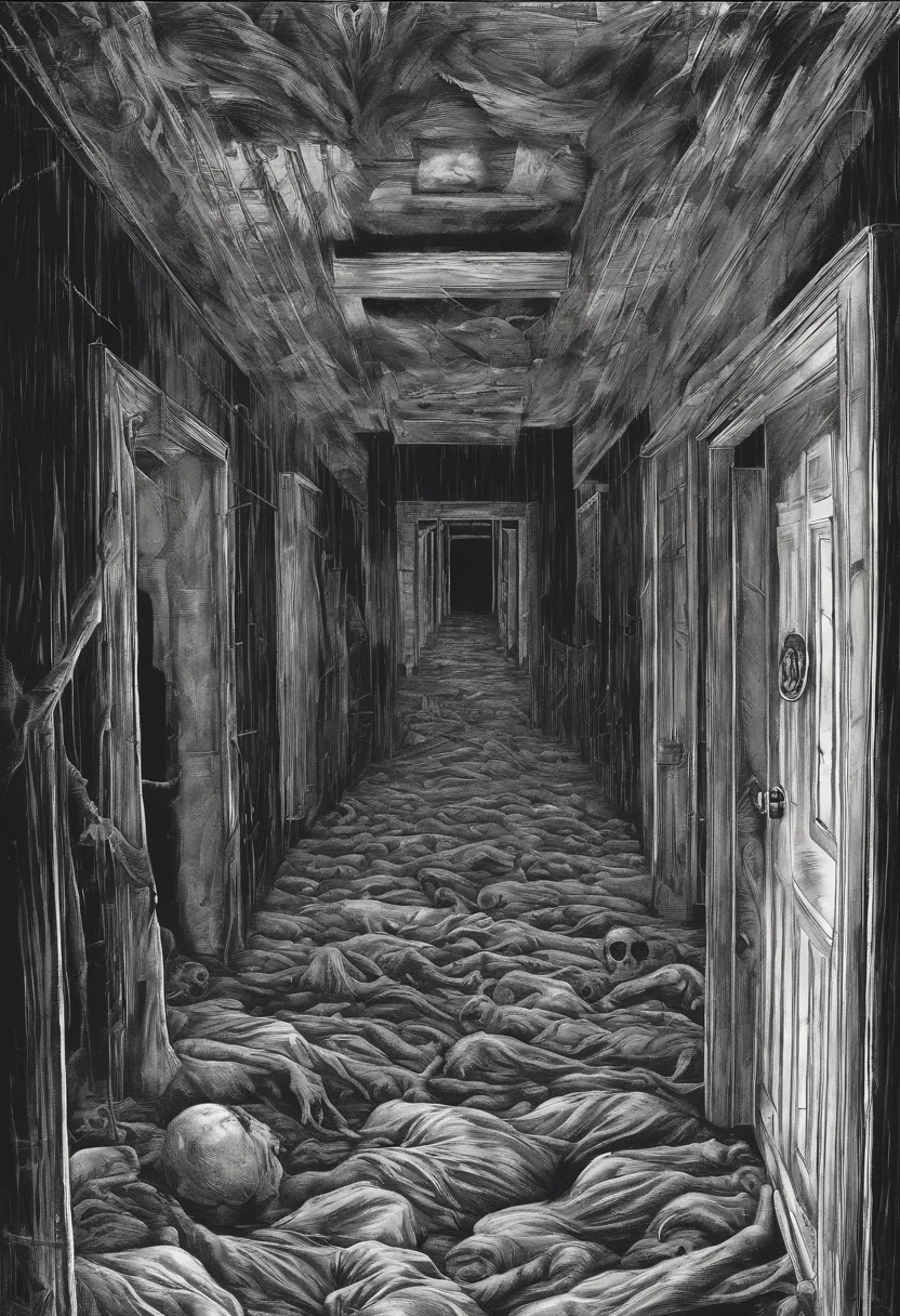 "Zeichne eine Szene des Schreckens und der Angst. Im Zentrum des Bildes steht ein Mann, Ihr Gesicht verzerrte sich zu einem Schrei des Entsetzens. Your body looks distorted and twisted, Drehung gegen den Uhrzeigersinn. The mood is gloomy, mit tiefen Schatten und einem bedrohlichen Hintergrund. Das Hauptthema ist Angst und Qual."