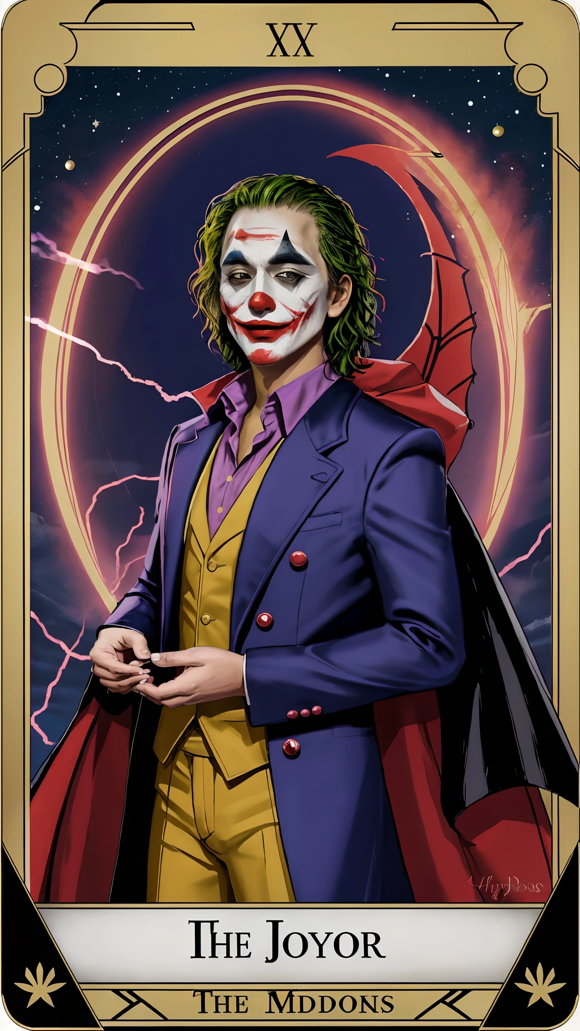 The Joker Tarot Card Heyoka - sacred clown, indigenous wisdom, trickster archetype, colorful attire, playful expression, spiritual guidance, unconventional energy, harmonious balance, energetic presence, horridtarot