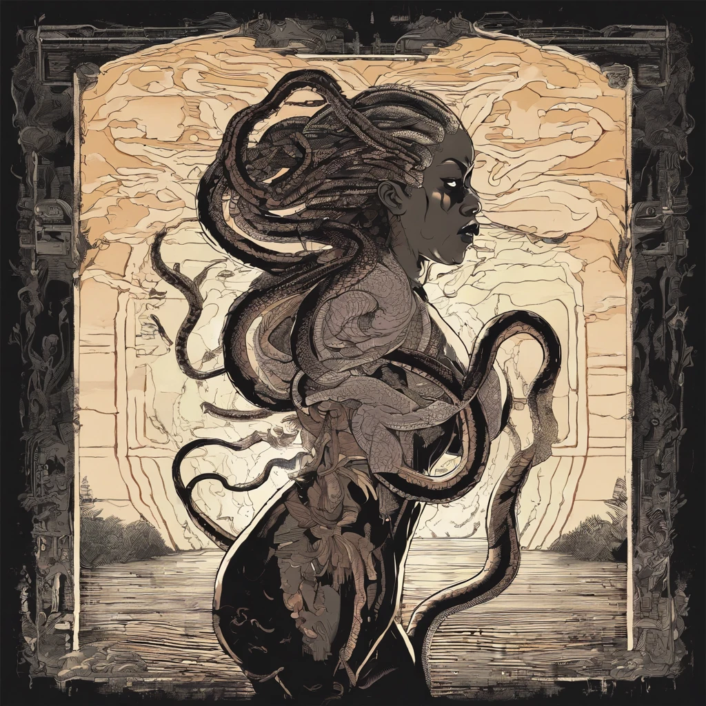 Medusa, Nordlicht, Schlangenblitz, Schlangen in den Himmel, handgezeichnete Tinte auf Papier Illustration, Doppelbelichtung, optical illusion, Kleid aus Schlangenhaut, Full-length body, (Lamia, Gorgo, Schlangen-Frau-Hybride, human torso, Snake Tail Lower Body), full-body, schlangenhaarig, bald, haarlos, (Gesicht, verzierte Leichenbemalung aus schwarzem Metall, resembles Grace Jones), (Hintergrund, Pinewoods, Entropie, Renaturierung, Magic Hour Nautical Twilight), (Kunststil "Sean Gordon Murphy" Comic-Zeichnung, Splash-Panel), Body Drawn in Frederic Delavier Musculature Anatomical Illustration Art Style, offen, Der schlangenhaarige Kopf ist mit Schlangen bedeckt, die an Pantera Great Southern Trendkill erinnern, Silhouette, full body portrait, (full-body, Naga, Schlangenvolk), (Farben, Forest green to earthy brown, merge gloomy, Steamed, tiefe, feurige, strahlende, vibrant CMYK shades, (Entsetzen, abstrakt, surrealistisch, full-body, kosmisch), (Kunststil Gerardo Zaffino Kohle), Nyktophobie,
