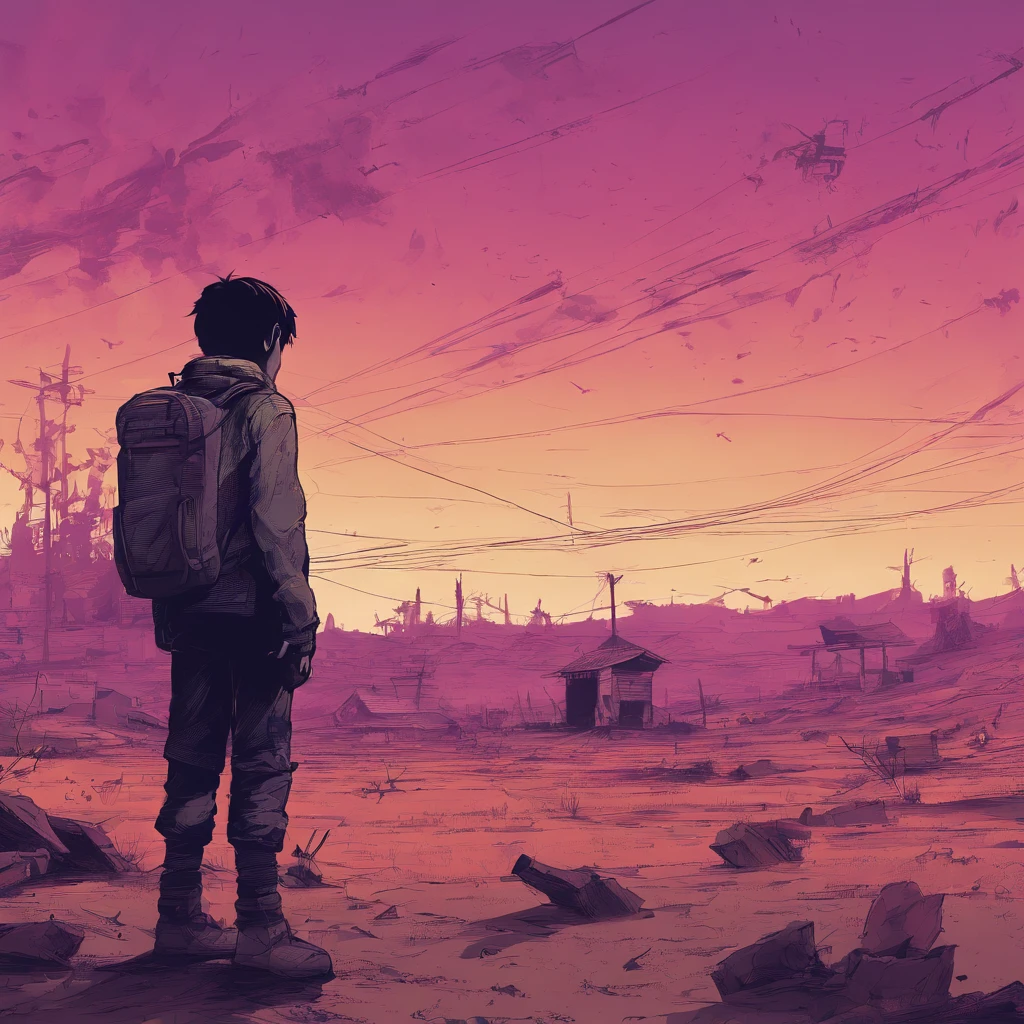 um menino assustado, de aproximadamente 12 anos, In front of a dilapidated house at night, com o rosto expressando medo. He is immersed in an apocalyptic world, where an entirely destroyed and deserted city stretches out around you. The sky is filled with dense purple smoke, que cria uma atmosfera sombria e desolada. The boy is alone, and his facial expression must reflect the terror at this desolate landscape.