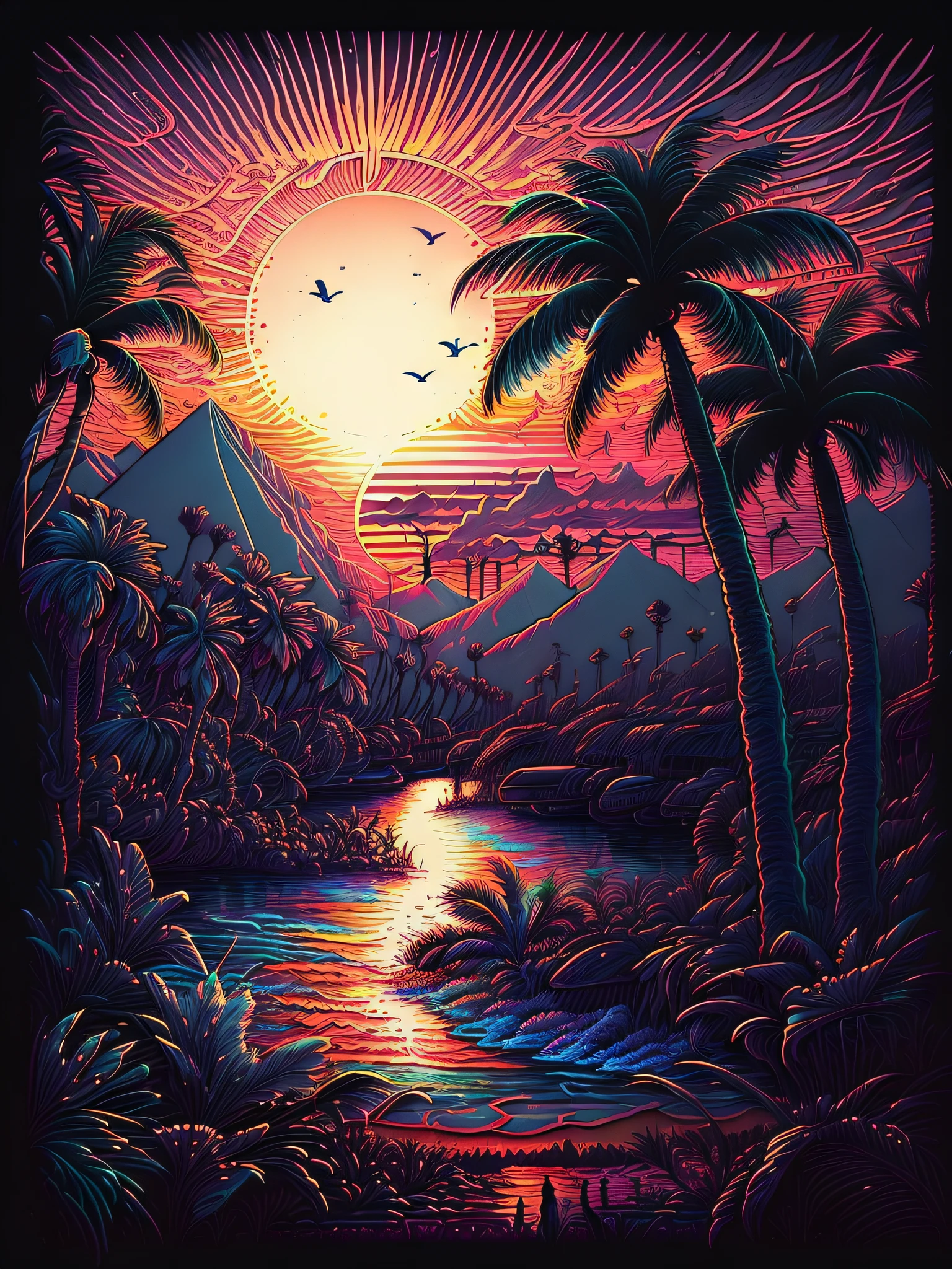 a painting of a sunset with palm trees and a body of water, vaporwave jungle, in the style dan mumford artwork, el bosco and dan mumford, dan mumford paint, inspired by Dan Mumford, landscape artwork, Dan Mumford's art style, masterpiece epic retrowave art, author:dan munford, kilian eng vibrant colours, vaporwave sunset, sunset illustration