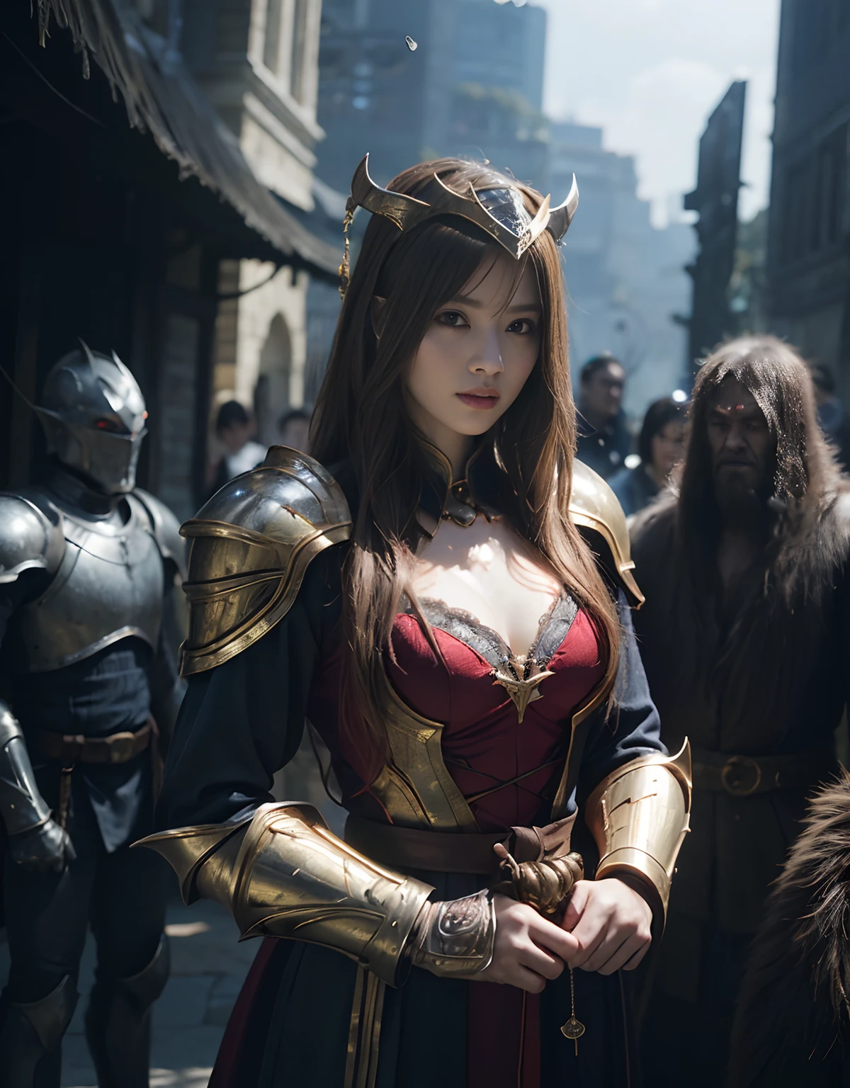 Professional , masterpiece、top-quality、photos realistic 、(Dragon Black Metal Body:1.9),(Matte Blue Silver、(Night World)、(cleavage of the breast)、Dragon Gold Weapon、(Micro Bikini Armor:1.4),Mystical expression、Gorgeous gold weapons ,(Fight dragons)、Seductive look、(( Dragon's dense and gorgeous sword)) , (demonic wings) ,Detail and gorgeous crown、((a blond))、(Castle background)、((Gangle's forest background))、Beautiful Caucasian beauty、1a person、dynamic ungle,(((Detailed and ornate dragon helmet)))、Smaller head、A smile、Castle background、Thin and beautiful female hands、cleavage of the breast、Soldier in iron armor on background、Mystical expression、Light Effects、intense fighting、Wind-effect、magic circles、With the legendary magic wand、Dragon's tail、fight、