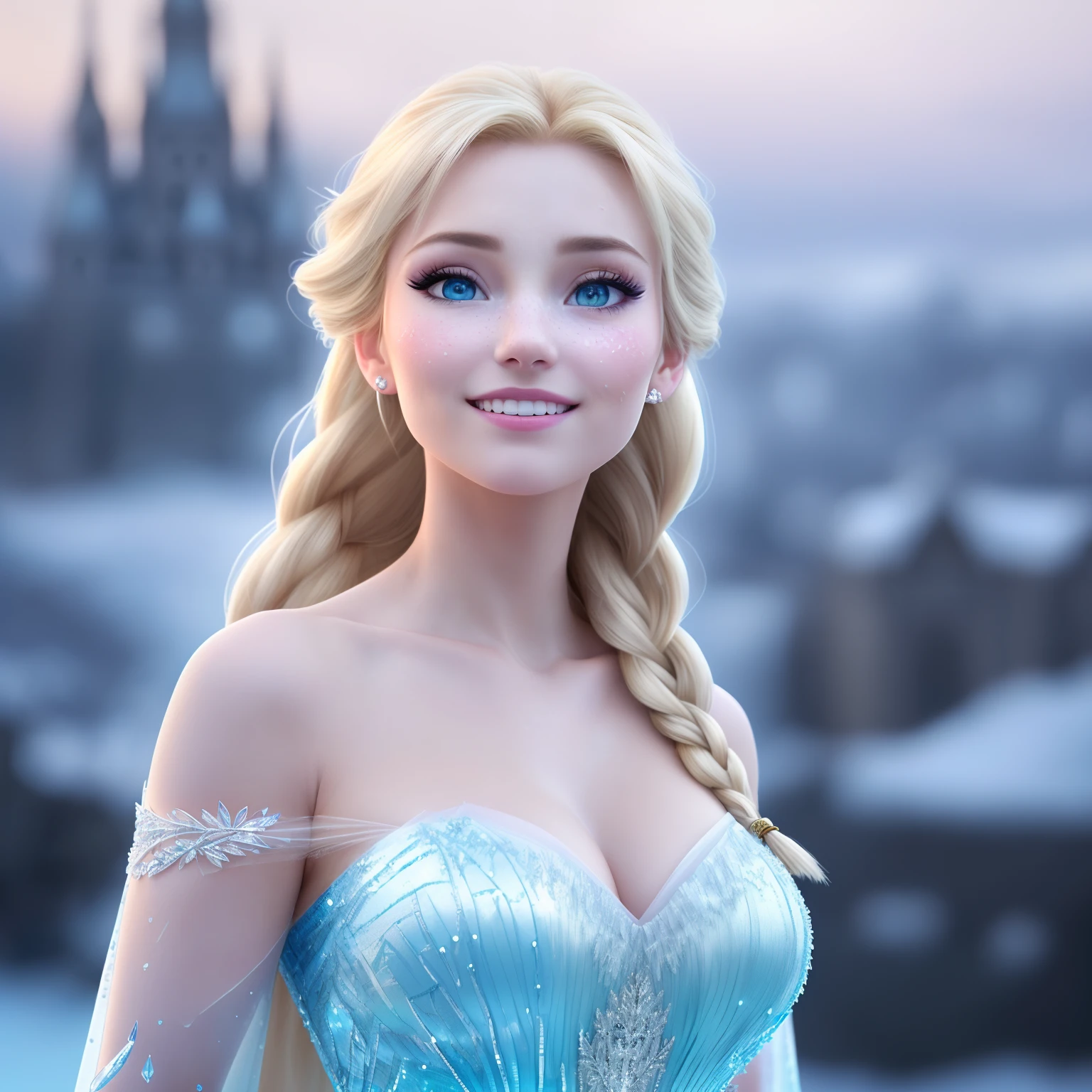 (8k), (best quality), (masterpiece:1.2), (realistic), (photorealistic:1.37), ultra-detailed, elsa, one piece blue, detailed face, ((frozen night city background)), (stands straight), ((perfect female body, skin dentation)), mature female, milf, narrow waist, smile, (full body), sexy legs, blonde | ponytail | wavy, high quality, HDR, 4K, photorealistic, incredible detail of the skin, professional photo