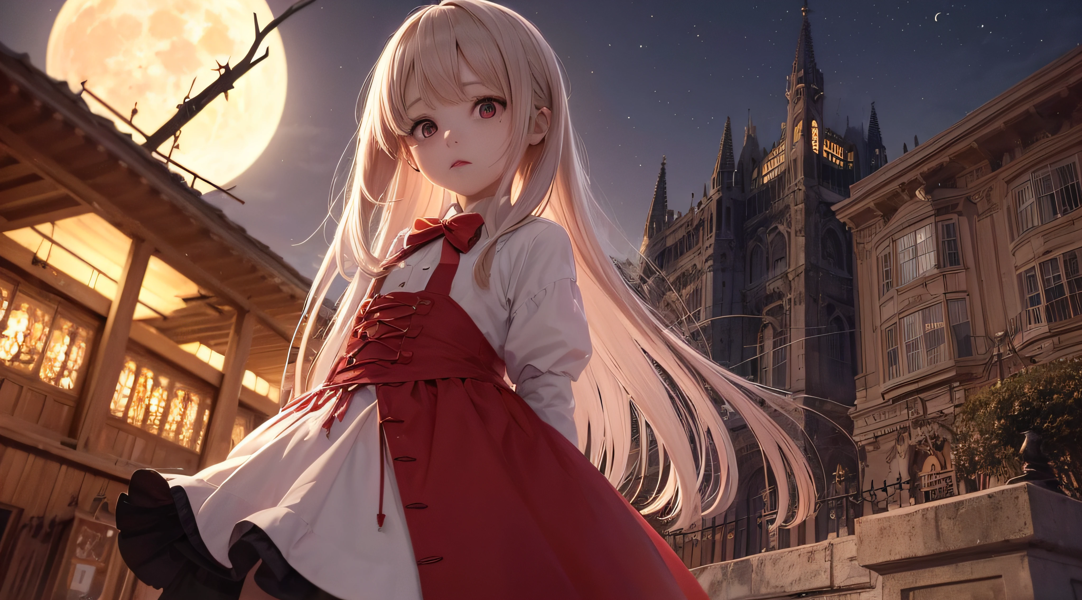 (obra prima) (perfection) (ultrarealista) (sem defeitos) menina de anime - bonita de cabelo loiro, Environment with red moon in the sky, halloween, aboboras, triste, blood, bleed, castelo, noite, pouca luz, morcegos, ultrarealista