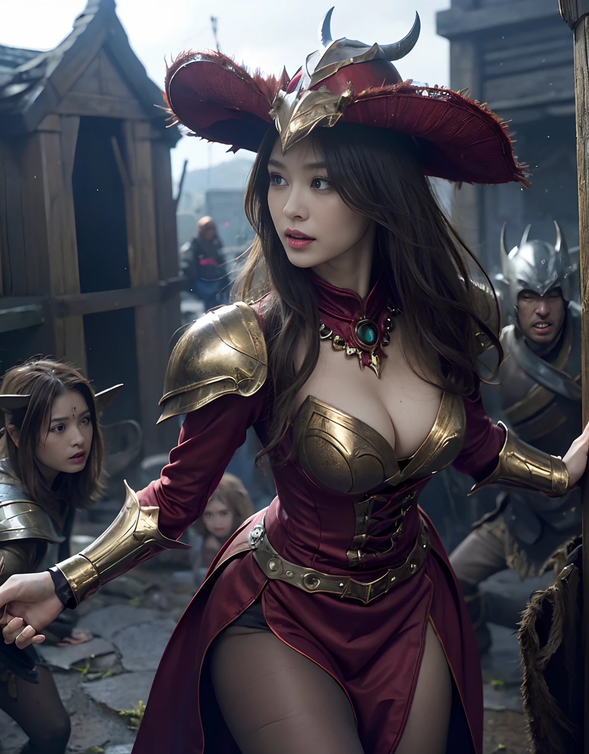 (One Knight Girl)、top-quality、masterpiece、超A high resolution、(Photorealsitic:1.4)、Raw photo、女の子1人、(Wear the Dark Knight's Armor)、glowy skin、(Random hair),(((Dark Fantasy)))、Fight with beautiful swords and shields、(((Mystical expression))),(((Have a gorgeous and long magic wand))),(Gorgeous gold metal body)、(Fight goblins、ogre、Fierce battle with orcs),(Fighting strong enemies)、Fight fiercely、(Background of decaying dungeon ruins)、(Ultimate Beauty)、(Detailed knight's helmet)、(Fighting Demonic Beasts)、(Wizard Hat)、((super realistic details))、portlate、(Strong giant demon beast background),globalillumination、Shadow、octan render、8K、ultrasharp、Colossal tits、Raw skin is exposed in cleavage、metals、Details of complex ornaments、Japan details、highly intricate detail、Realistic light、(Mystical expression),CGSoation Trends、Red Eyes、radiant eyes、Facing the camera)、Gundam、Small LED、Toostock、(Background of the mutation)、(Attack of the Monster Beasts)、Ultimate Beauty、beautiful female knight、Wear colorful armor、Detailed sword、(Wearing legendary armor)、