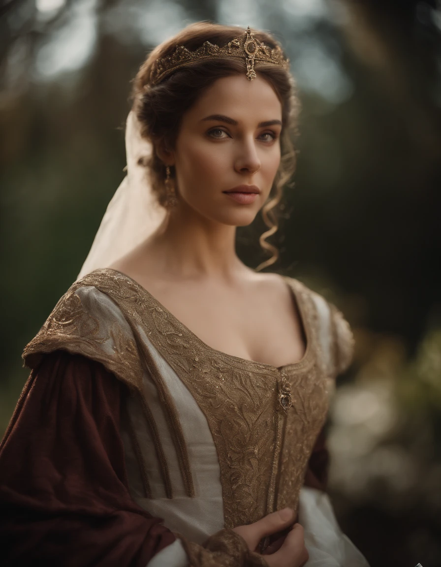 Cinematic portrait, ((upper body)), facing the audience, (Reality :1.3), the world's most beautiful artwork photo, a woman looking into the camera, European medieval court dress, gorgeous, soft gauze, detailed beautiful face, action shooting, (intricate :1.4), medieval court background, Photo realistic, CG, art station
