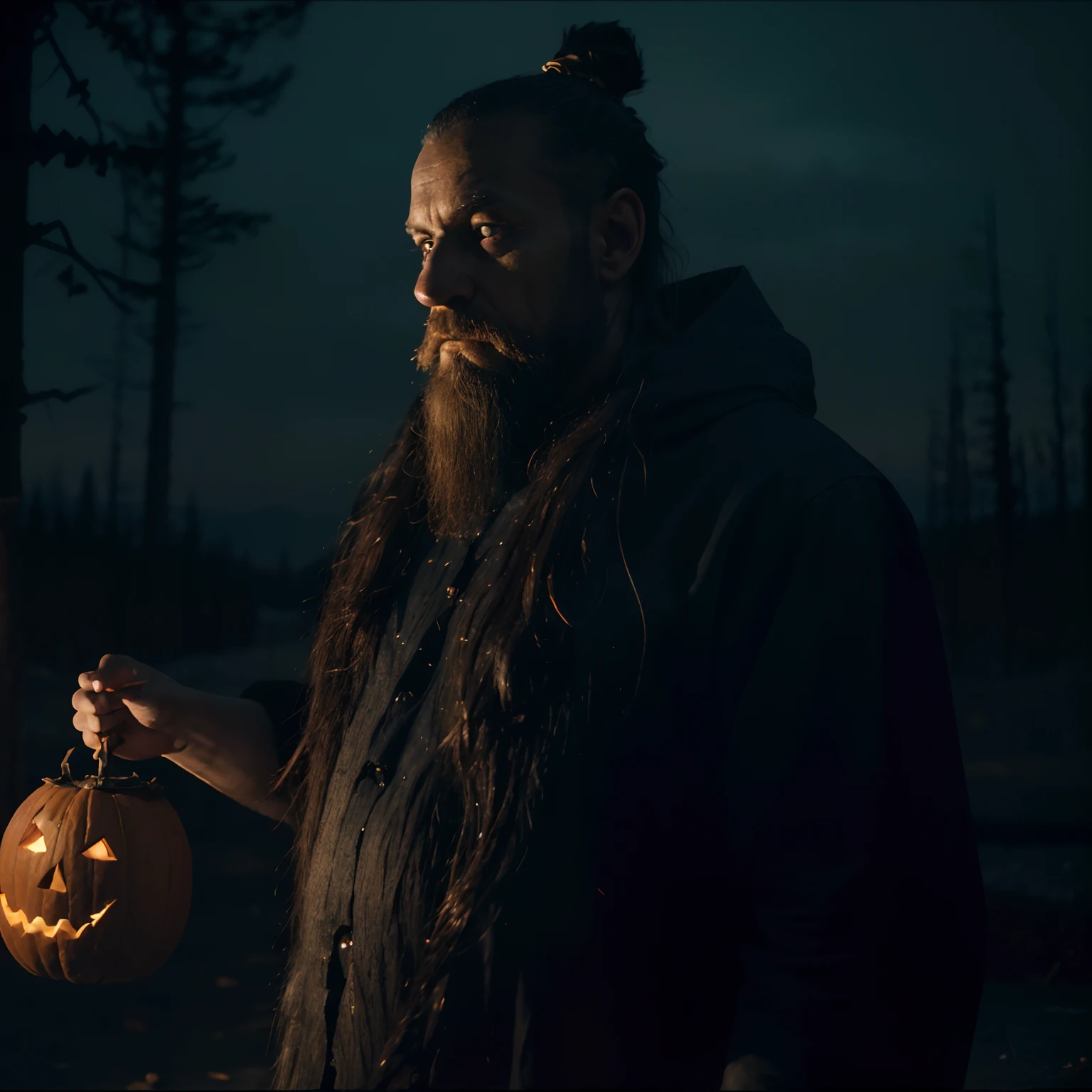 Nordic troll on a Halloween night trick or treating looking for sweats, art by John Bauer, Theodor Kittelsen, dark, mysterious, cyan, dark hazy background, evening light, evening, cinematic lighting, highly detailed, perfect composition, masterpiece, best quality, 4k, sharp focus. perfect anatomy, golden ratio, Hand drawing illustration, bold lines