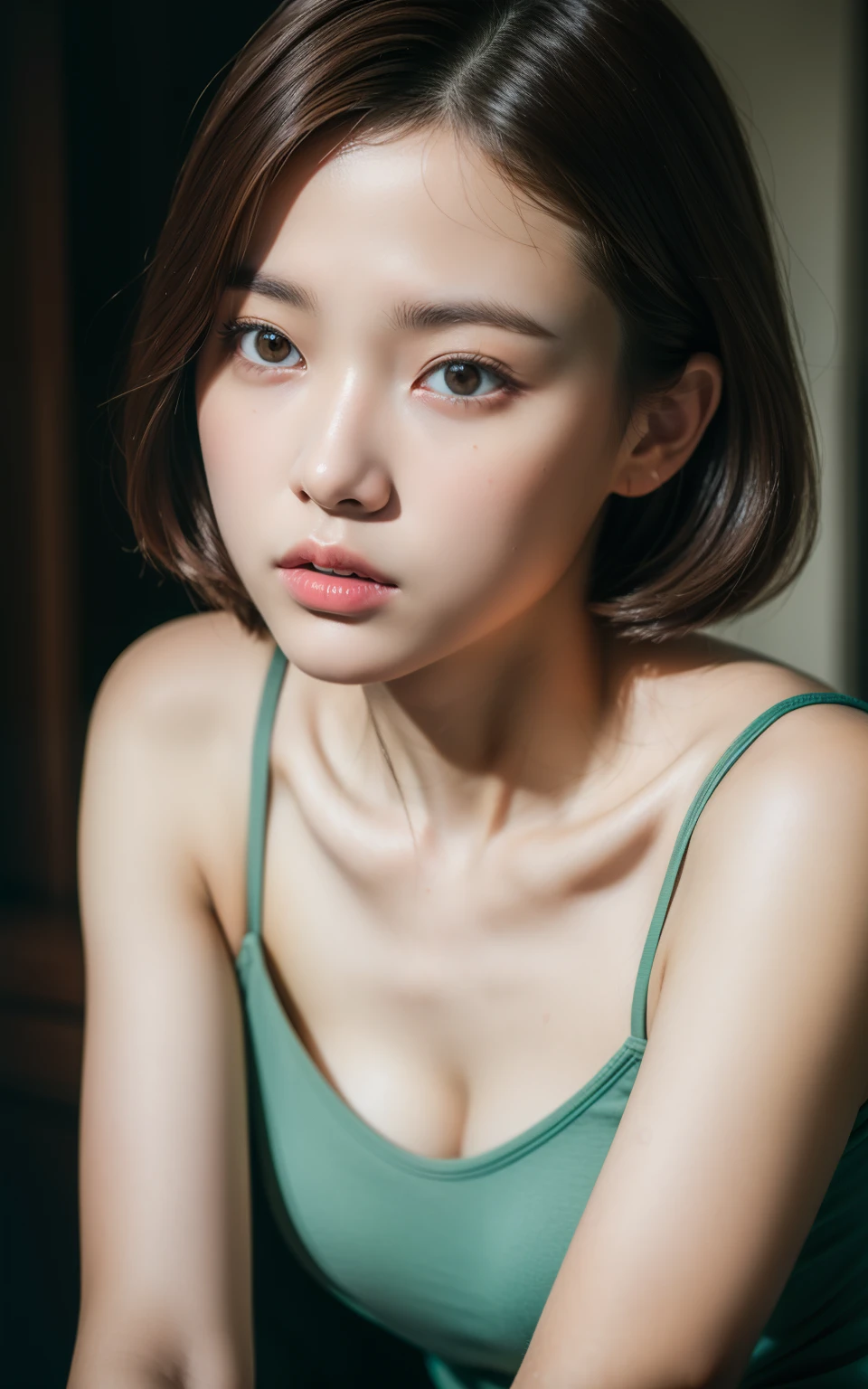 (Masterpiece:1.3), (8k, Photorealistic, RAW Photography, Best Quality: 1.4), soft light, professional lighting, 1girl,  , neat and clean beauty, closed mouth, serious face, Brown short hair,