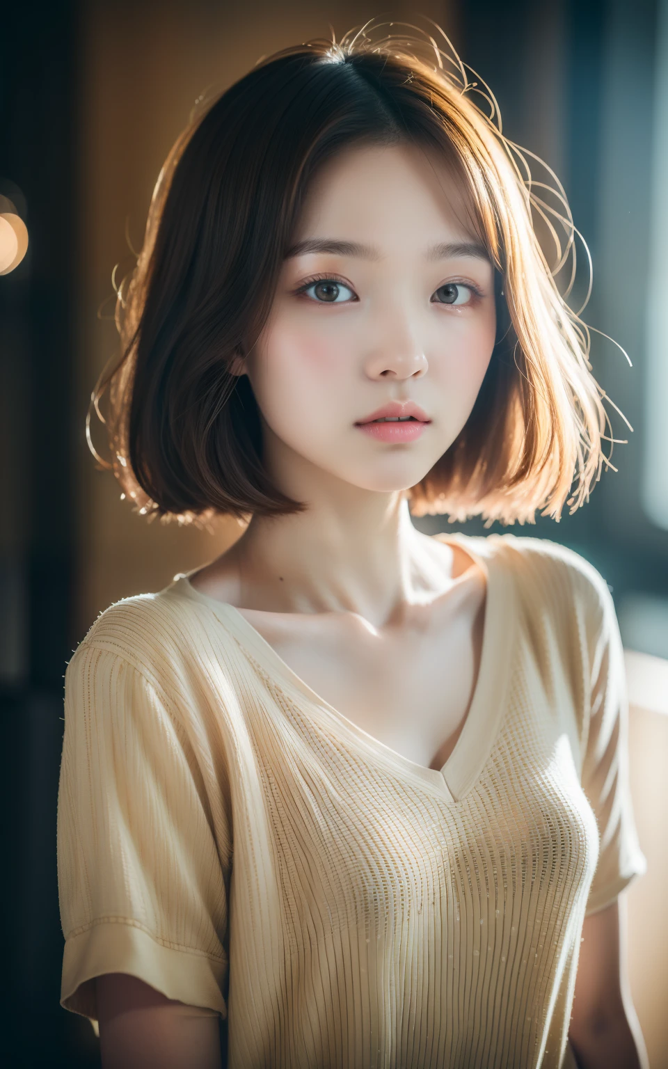 (Masterpiece:1.3), (8k, Photorealistic, RAW Photography, Best Quality: 1.4), soft light, professional lighting, 1girl,  , neat and clean beauty, closed mouth, serious face, Brown short hair,