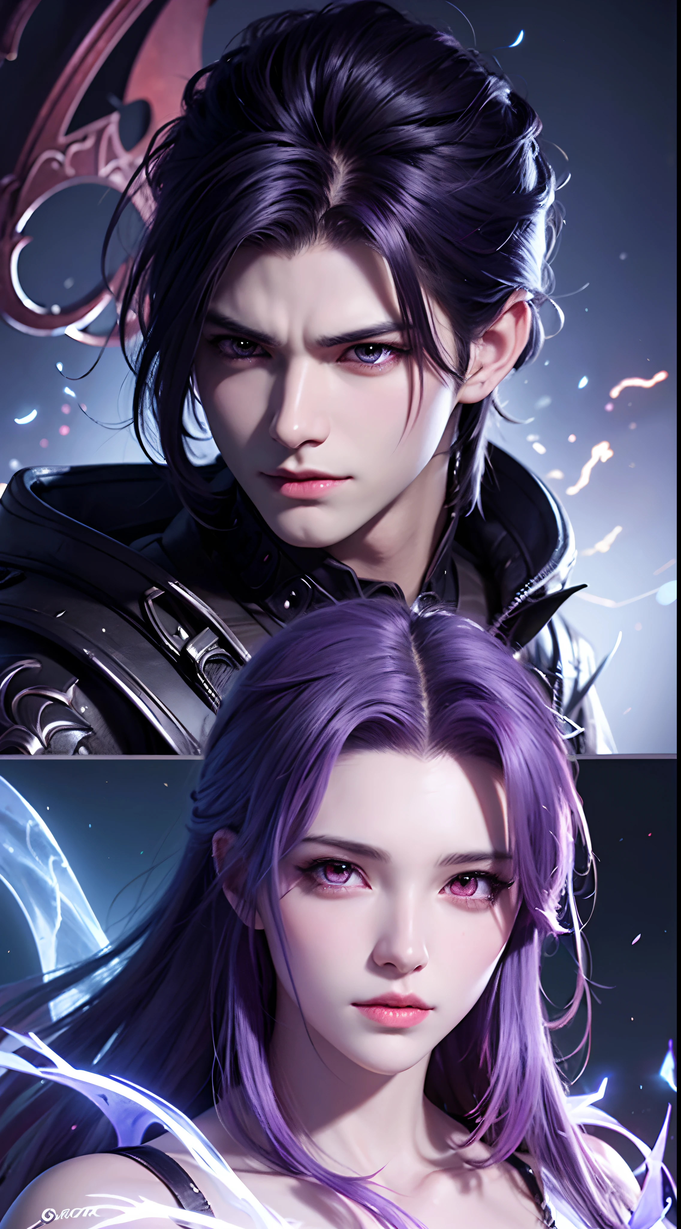 anime character with purple hair and glowing eyes in front of a dark background, handsome guy in demon slayer art, epic fantasy art style, badass anime 8 k, epic fantasy digital art style, detailed digital anime art, human male demon, portrait of hades, epic fantasy art style hd, fierce expression 4k, demon male, extremely detailed artgerm