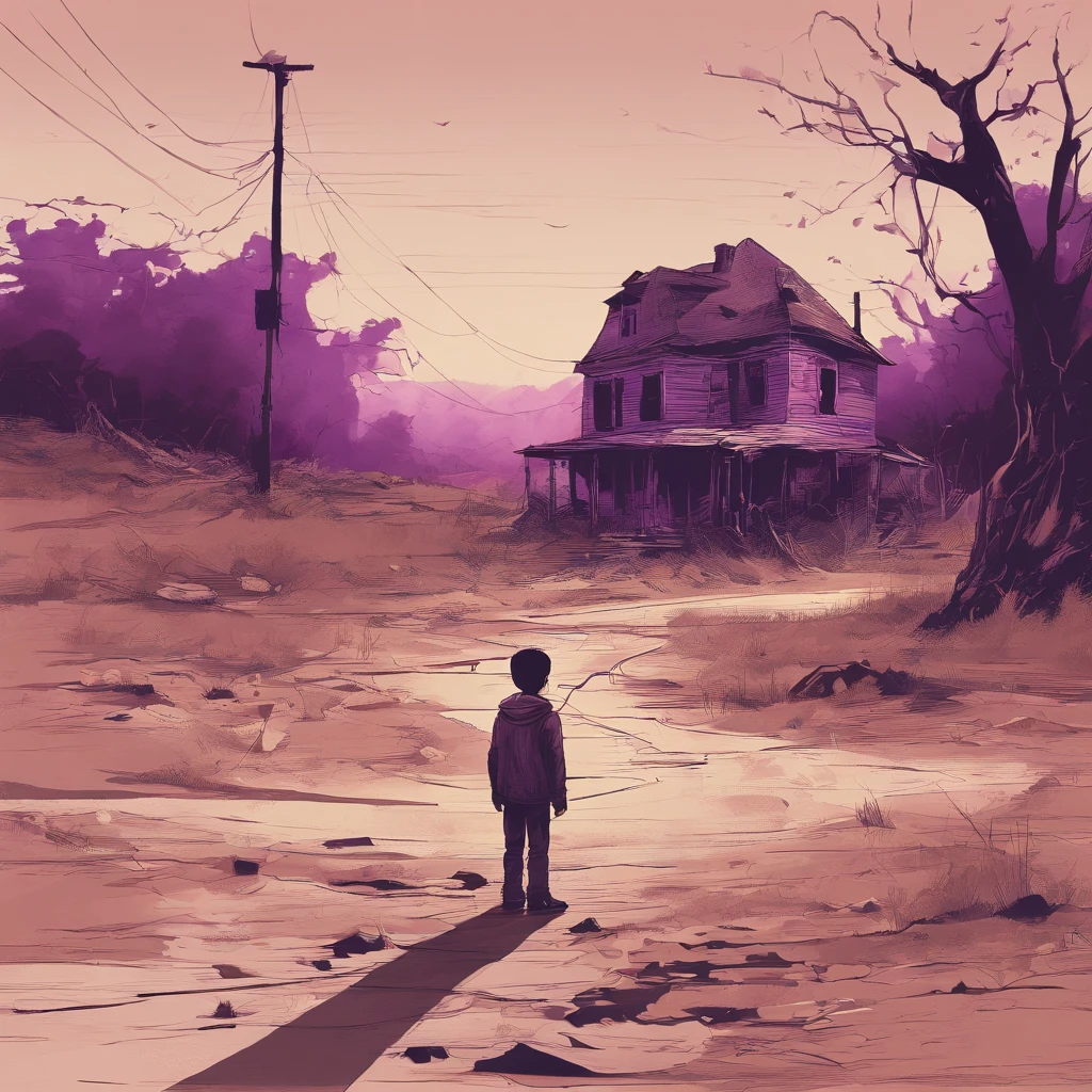 um menino assustado, de aproximadamente 12 anos, In front of a dilapidated house at night, com o rosto expressando medo. He is immersed in an apocalyptic world, where a totally destroyed and deserted city stretches out around you. The sky is filled with dense purple smoke, que cria uma atmosfera sombria e desolada. The boy is alone, And his facial expression should reflect terror in the face of this desolate landscape.