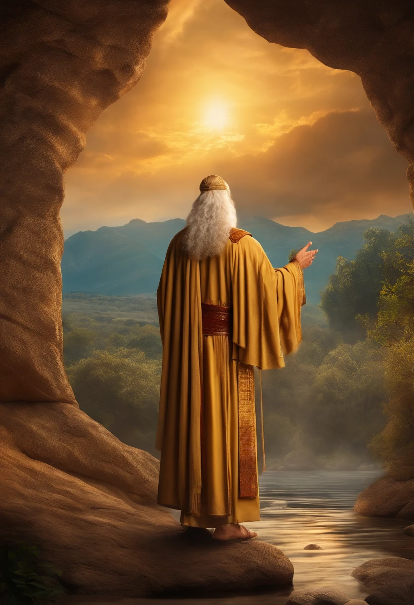 make Moses from the Holy Bible, olhando para o lado, postura de comando, imponente, luz refletindo, semblante serio
