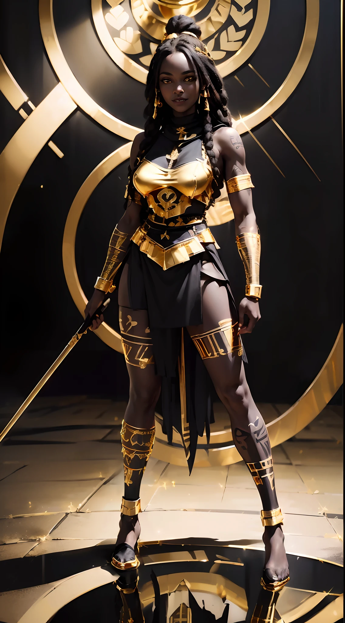 A full body ebony woman, ((standing holding a spear)), (happyness look:1.4), (wearing black and golden battle outfit:1.8), (long dreadlock hairstyle:1.3), (reflective eyes:1.6), (tribal tattoo:1.5), sunrise backgroud, sunray, hyper detailed, hyper realistic, look at the the viewer, 4k, wide depth of field, radiant mapping, high dynamic range, masterpiece,