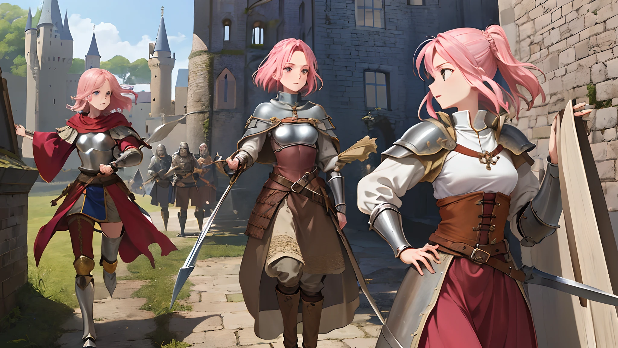 (Medieval European fantasy:1.2), Best quality, Ultra detailed, (minor:1.3),
(looks away:1.2), (Variety of hairstyles:1.3), (Depth of field:1.2),
(warrior:1.4), equipment,
,
Medium breasts,
Medium hair,
Pink hair,
(Inside the castle:1.4),
Running,
from the front side,
,
Daytime,