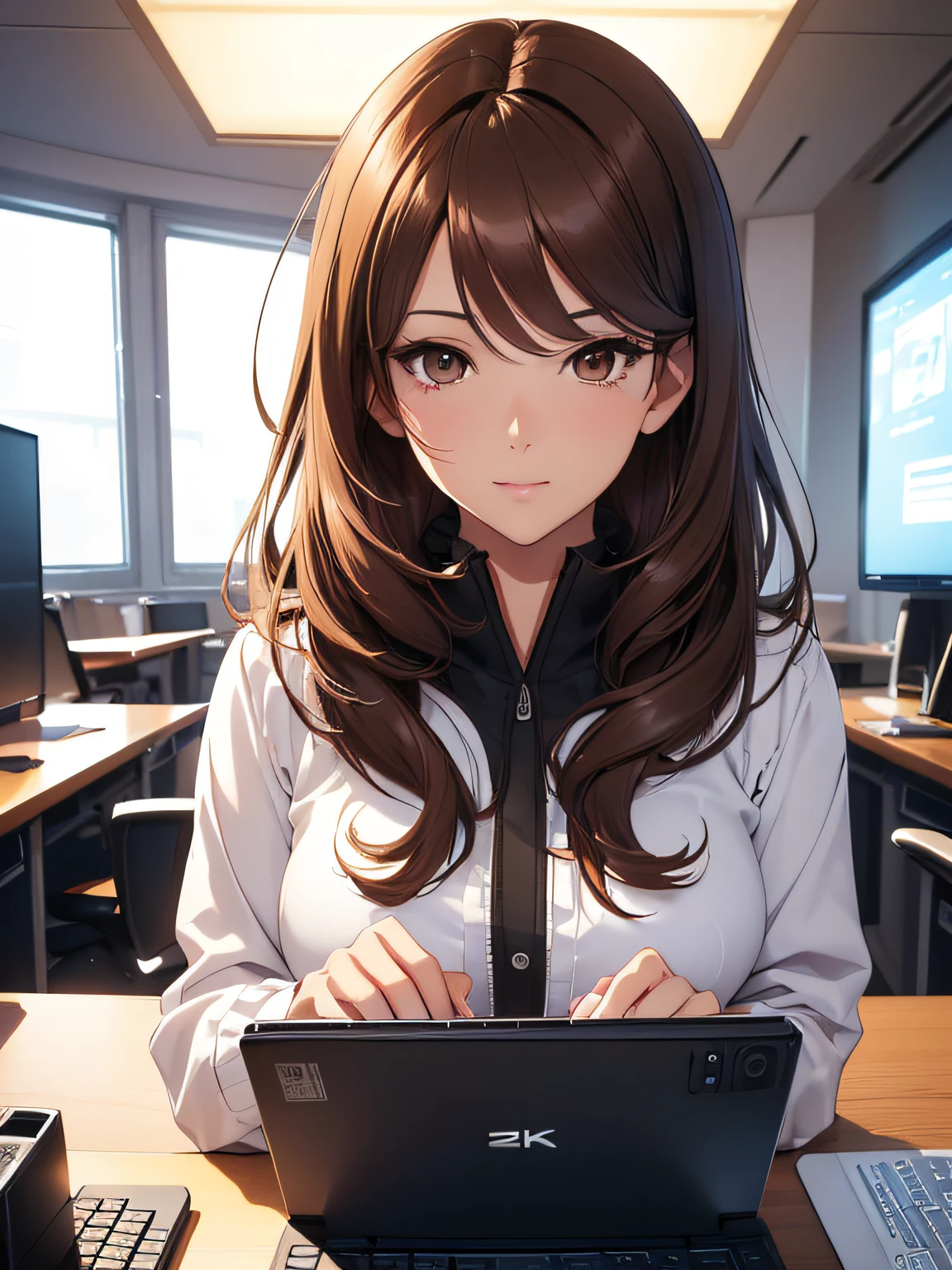 (best quality digital art digital illustration 4k high resolution beautiful image hyper-detailed image perfect lines Art Manhwa) a young 35 year old woman brown hair brown eyes gentle expression soft smile white skin ((desk using computer))