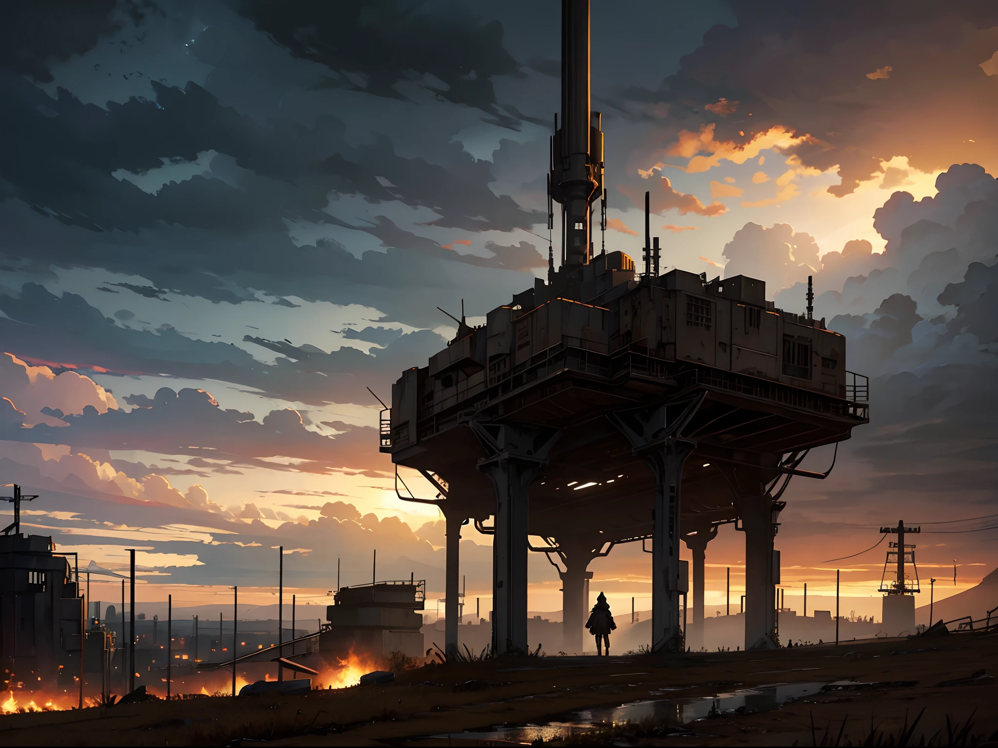 highly detailed gloomy landscape, hopeless art, dystopian atmosphere, dark sky, anime catgirl with brown hair closed clothing, brown cloak, mechanized legs, standing on the hill, mechanical beings on the background