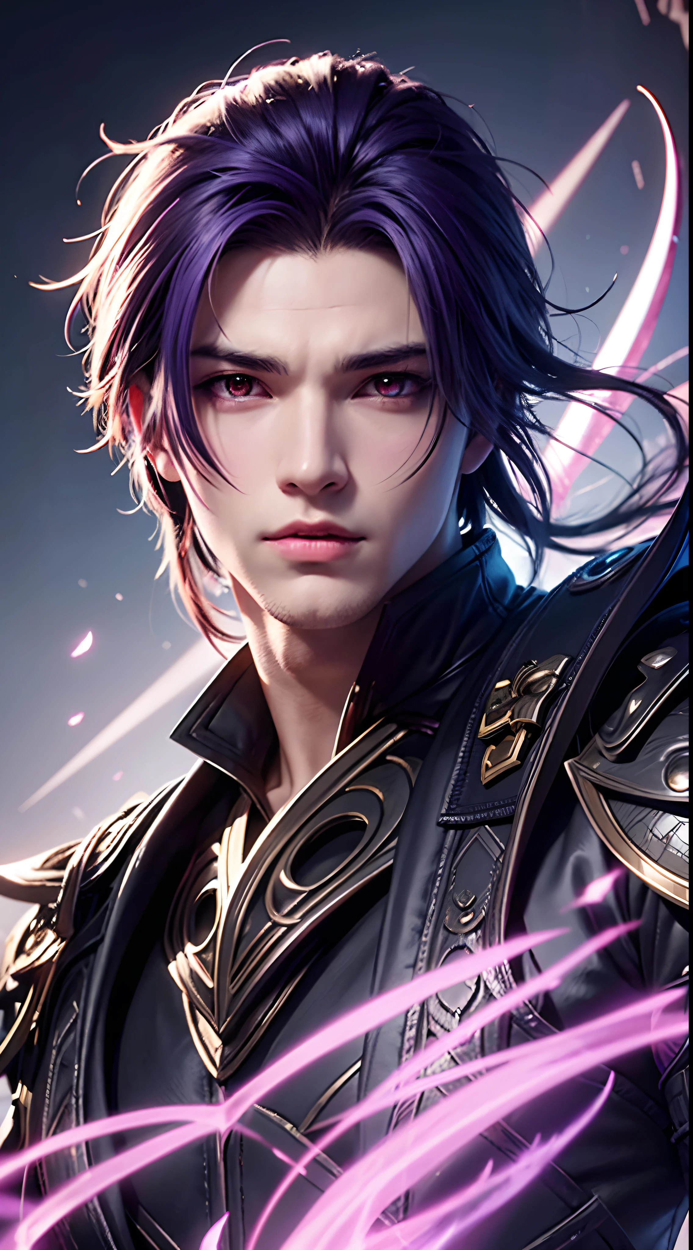 anime character with purple hair and glowing eyes in front of a dark background, handsome guy in demon slayer art, epic fantasy art style, badass anime 8 k, epic fantasy digital art style, detailed digital anime art, human male demon, portrait of hades, epic fantasy art style hd, fierce expression 4k, demon male, extremely detailed artgerm