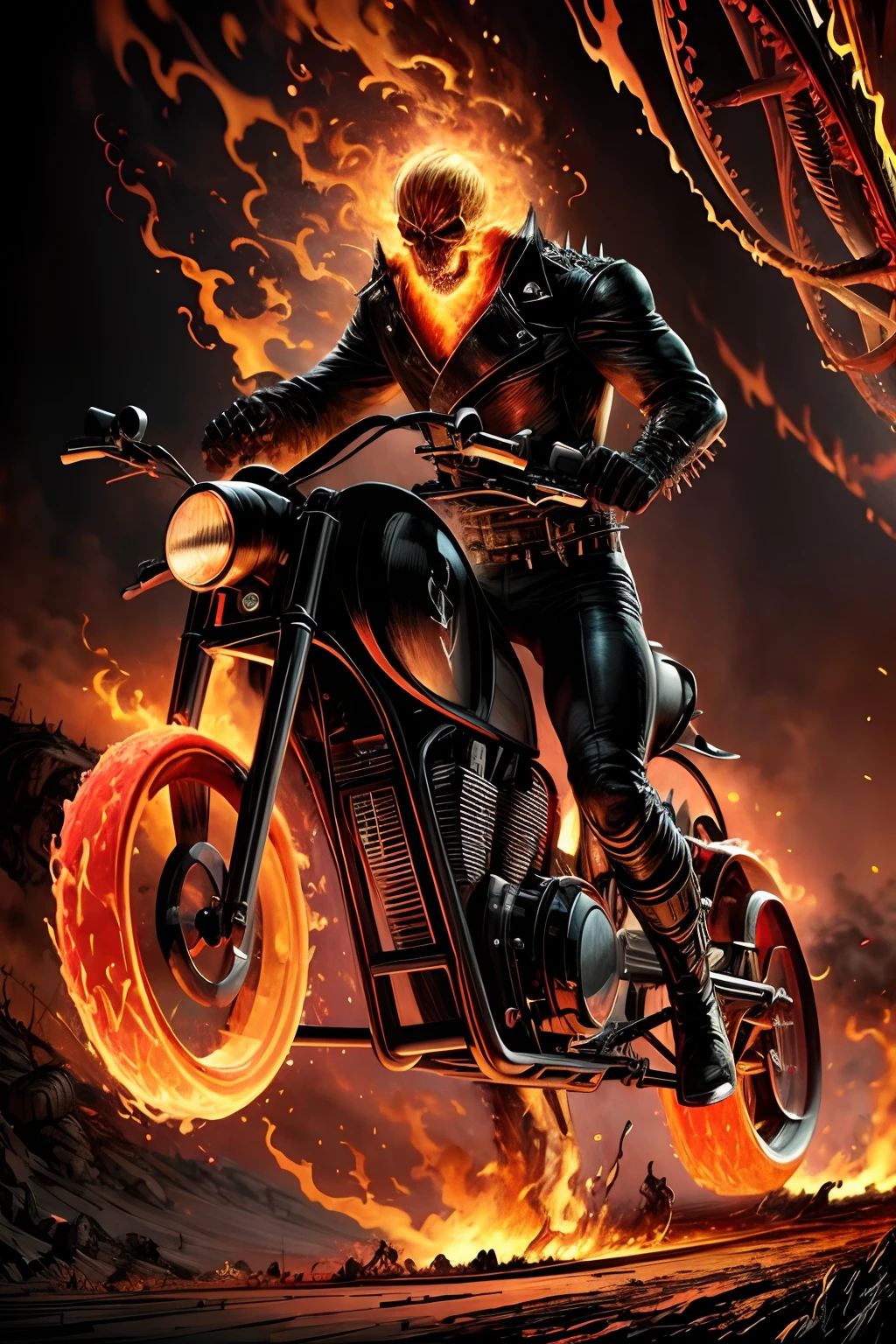 An ultra-detailed and photorealistic illustration of the Ghost Rider on his blazing motorcycle, flames engulfing his body and bike. The scene should depict him emerging from a trail of intense fire, leaving a fiery path behind. The entire scene should be set against a pitch-black background to accentuate the fiery elements. Use the highest quality rendering (--quality 1) to ensure the flames and details are as realistic as possible. The Ghost Rider should exude an intense and menacing aura, with the flames casting eerie shadows across his face and the environment. This artwork should capture the supernatural, fiery essence of the character in a psychedelic style, merging art deco with art nouveau, inspired by MSchiffer's work.