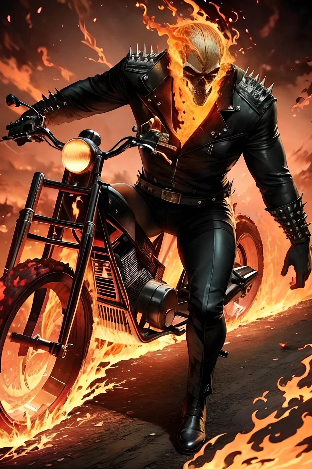 An ultra-detailed and photorealistic illustration of the Ghost Rider on his blazing motorcycle, flames engulfing his body and bike. The scene should depict him emerging from a trail of intense fire, leaving a fiery path behind. The entire scene should be set against a pitch-black background to accentuate the fiery elements. Use the highest quality rendering (--quality 1) to ensure the flames and details are as realistic as possible. The Ghost Rider should exude an intense and menacing aura, with the flames casting eerie shadows across his face and the environment. This artwork should capture the supernatural, fiery essence of the character in a psychedelic style, merging art deco with art nouveau, inspired by MSchiffer's work.