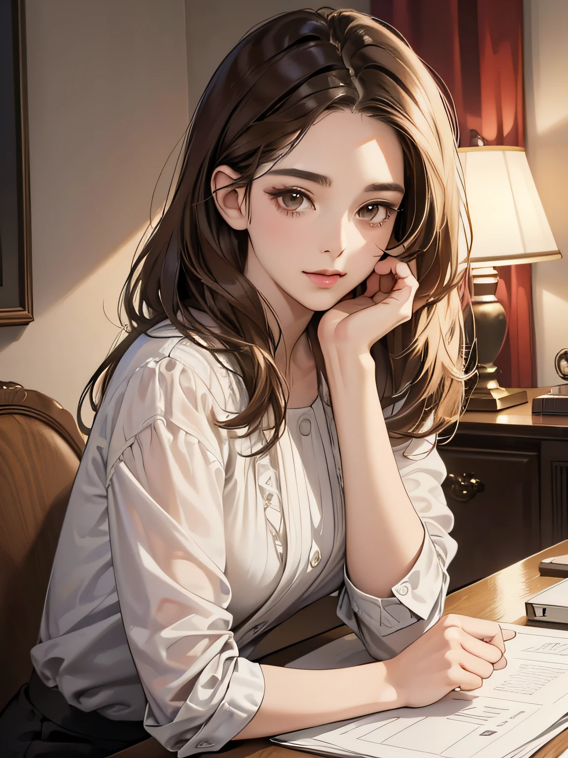 (best quality digital art digital illustration 4k high resolution beautiful image hyper-detailed image perfect lines soft lighting, night environment) (1:1 photorealistic) (neutral colors hdr 1.4) Art Manhwa a young 35 year old woman brown hair brown eyes gentle expression soft smile white skin secretary behind a desk using computer