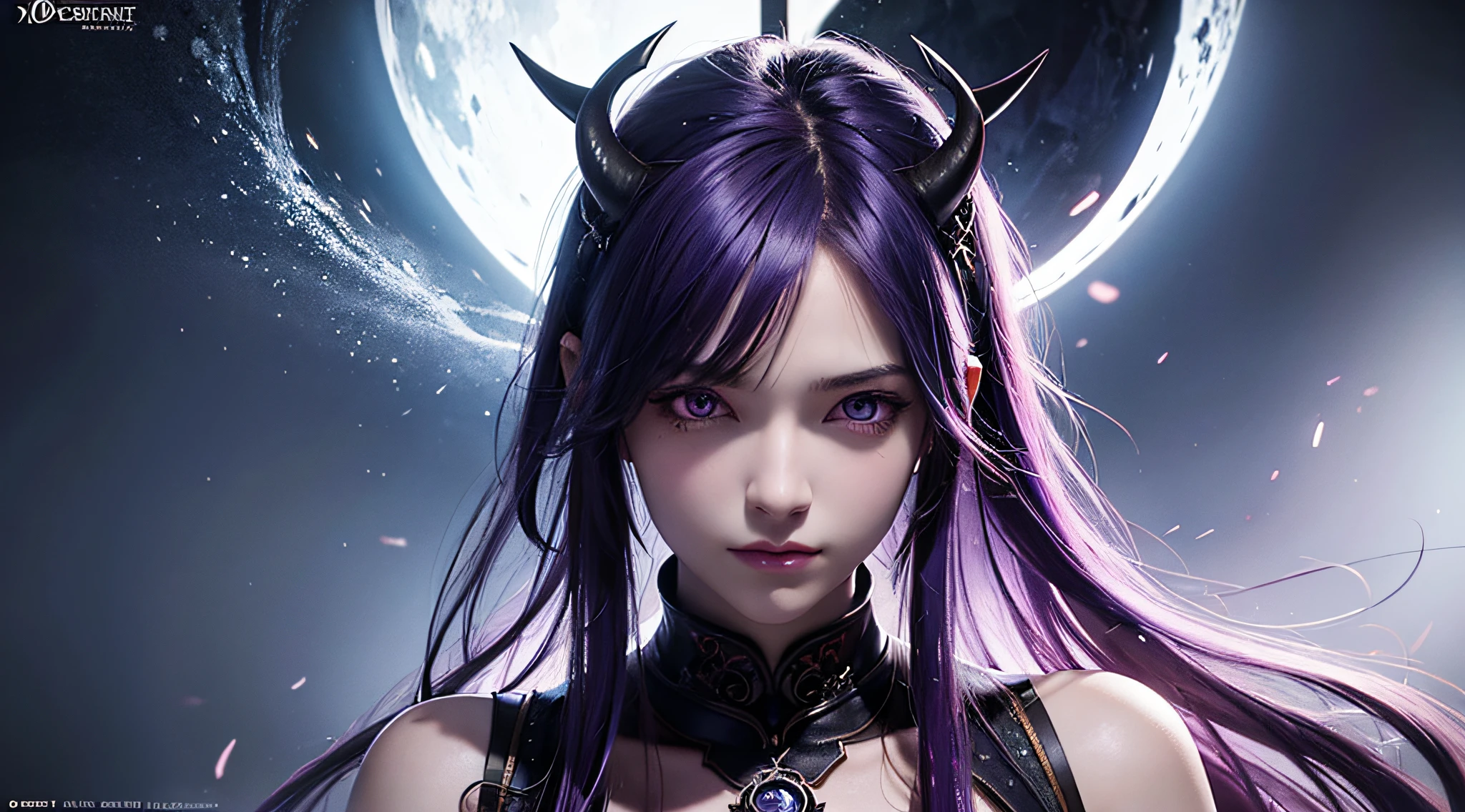Extremely detailed artwork, best quality, 8k: Anime character with purple hair and glowing eyes against dark background, handsome guy in demon slayer art, epic fantasy art style epic, badass anime 8k, epic fantasy digital art style, detailed anime digital art, male demon human, portrait of the underworld , epic fantasy art style hd, expressive fierce 8k, male demon, extremely detailed artgerm.