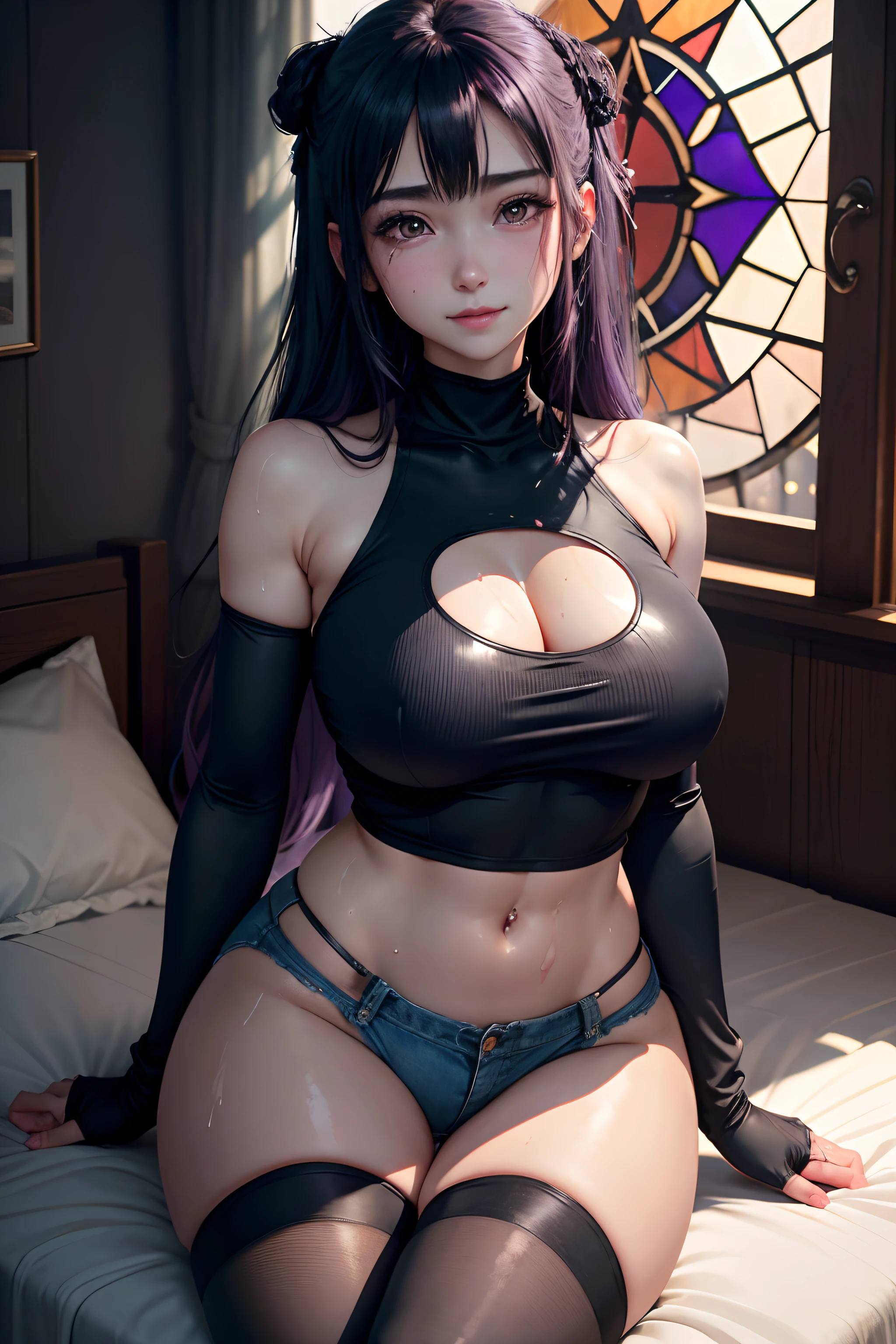 Jersey material is cotton、A slight smil、Transcendent beauty、Dark Gothic Makeup、Sweat glitters on my face、Sweat glitters on my thighs、The whole body is shiny with sweat.、Long hair straight hair、Purple hair、Transcendent cute face、Sit up、a bed、sprawl、Dark black knee-high socks、Dark Black Thigh Socks、Dark blush、masutepiece、8K、dark black eye shadow、24 year old、wretched、Sticky shiny thighs、Sweat a lot all over your body、chies、Too large tops、Sweat shining generously on the thighs、A smile、Smile、Underwear black、Transcendent Denim Short、Denim length super short、Mini Hot Pants、Tight denim、Slender system、Stained glass background、boredom、Sad face、Sweat glistens on my face、Stop Close-up、Wearing a black bra、Slender figure、Bust size is C cup、3D、Wear the Adidas jersey、