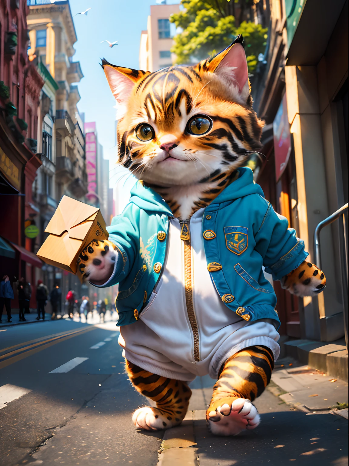 Masterpiece, (ultradadetailed), ((((Animal anthropomorphism)))),  a lot of cute kittens ，((( Casual clothes ))), Lovely，(((Sunny city streets)))，Happy cityscape，HighestQuali，solofocus，（Thin and light：1.04），full bodyesbian,???,baby，复杂（high detal：1.1）