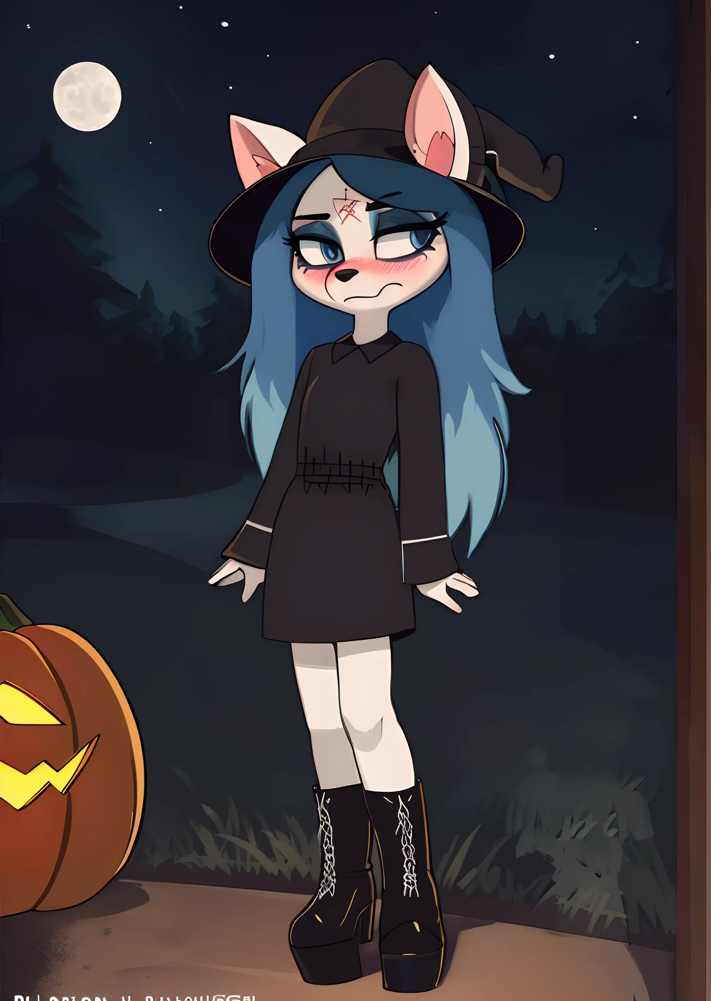 [Claire (the summoning)], [Uploaded to e621.net; (Pixelsketcher), (wamudraws)], ((masterpiece)), ((HD)), ((high quality)), ((solo portrait)), ((front view)), ((full body)), ((furry; anthro)), ((detailed fur)), ((cel shading)), ((detailed shading)), ((beautiful render art)), ((intricate details)), {anthro, white fur, black nose, long blue hair, cute blue slit eyes, (dark-blue eyeshadow),  (short eyelashes), (blushing), (slight smirk)}, {(black robe), (shorts sleeves), (black witch hat), (goth platform boots), (heels)}, {(standing), (hands at side), (looking away)}, [background; (park), (jack-o-lantern), (starry sky), (full moon), (ambient lighting)]