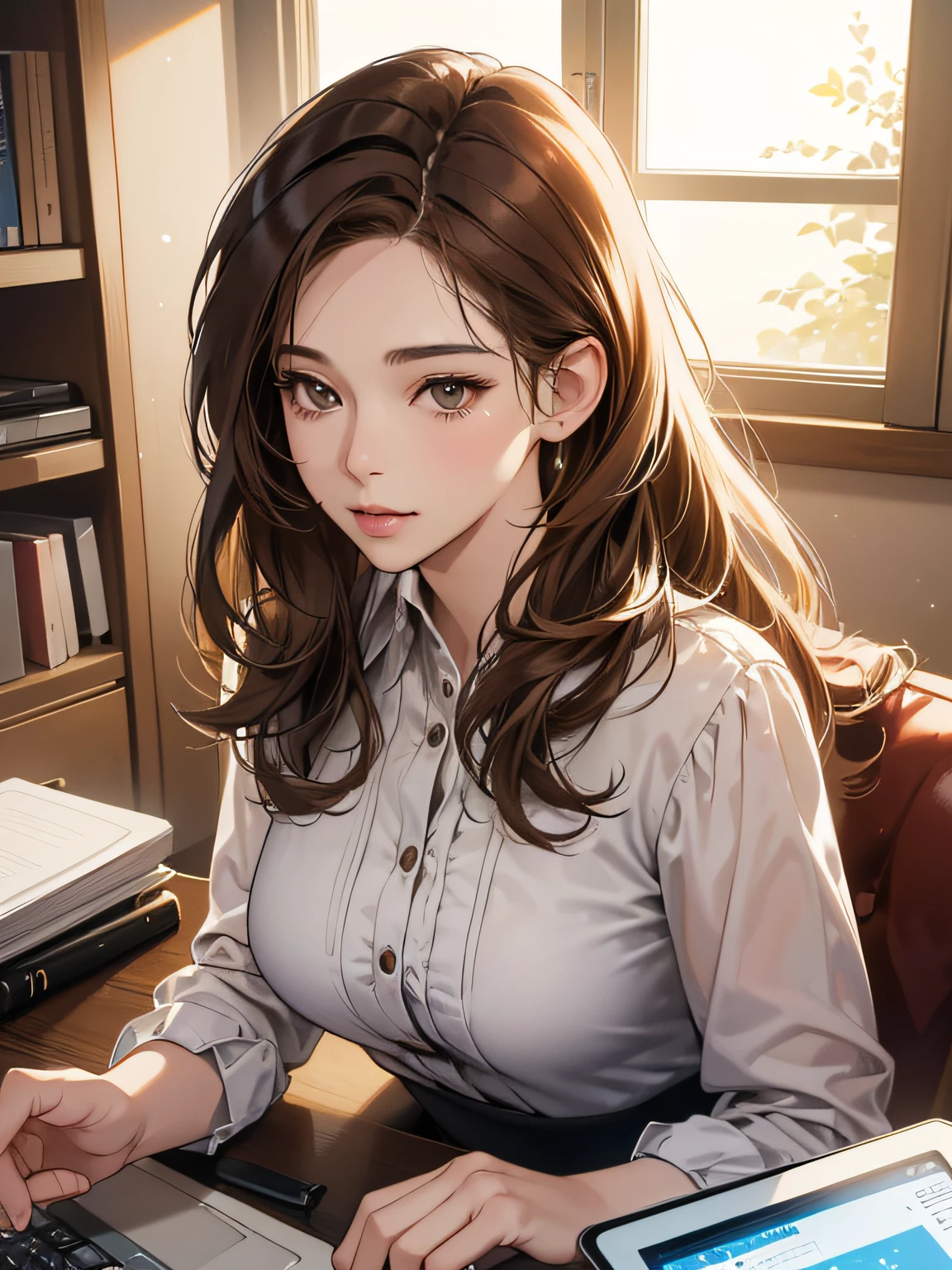 (best quality digital art digital illustration 4k high resolution beautiful image hyper-detailed image perfect lines soft lighting, night environment) (1:1 photorealistic) (neutral colors hdr 1.4) Art Manhwa a young 35 year old woman brown hair brown eyes gentle expression soft smile white skin secretary behind a desk using computer