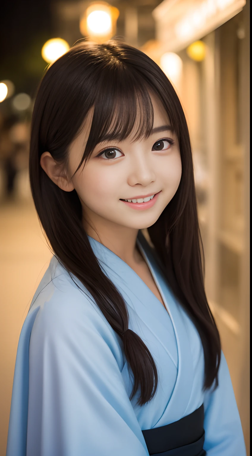 masutepiece, Best Quality, 8K, 8ars old, Raw photo, absurderes, award winning portrait, Smile, Smile, Solo, Night, neons, Idol face, violaceaess, gardeniass, Delicate girl, Upper body, Digital SLR, Looking at Viewer, Candid, Sophisticated, zora々Right, Thin arms, Professional Lighting, Film grain, chromatic abberation, (Eyes and faces with detailed:1.0), (Bokeh:1.1) , Ninja kimono