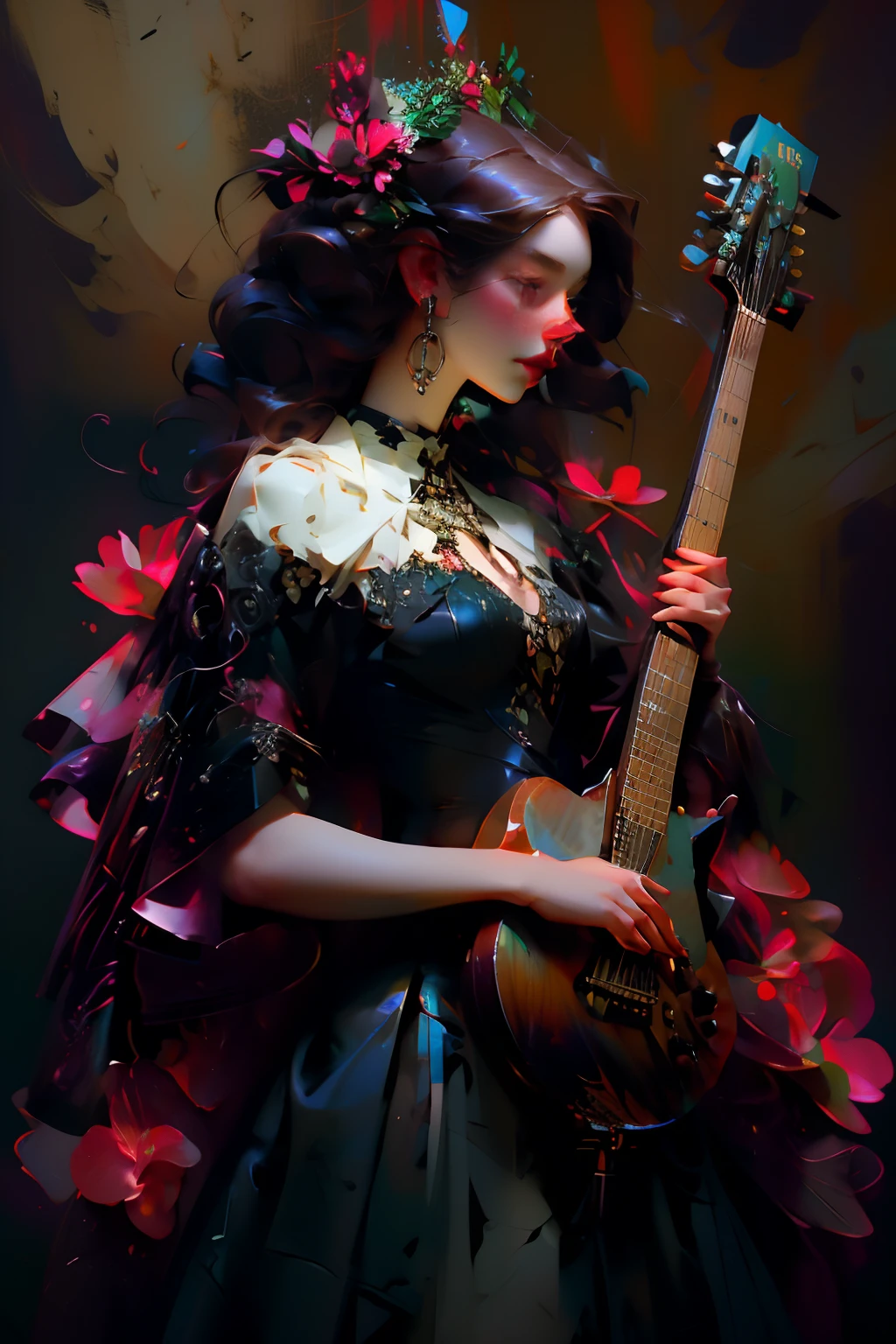 Gorgeous rocker playing electric guitar, She moves to the beat of the music. She enjoys the spectacle, Hair develops, And the strings of the guitar sound thin underneath it, Graceful fingers. Girl Star. Rock Girl. Gorgeous rocker playing electric guitar and moving to the beat of the music. She explodes all over her body – enjoying the spectacle, Her hair is loose, And the strings of the guitar sound thin underneath it, Graceful fingers. Famous Girl. Rock Girl.
This is _Flower Woman , very extremely beautiful , Miss Universe , full body figure , Angel Woman , Painting in dark muted tones , Lightweight satin fabric , fluffy airy skirt , leather corset , red with white straps , fetters , exquisite jewelry . hairlong . Nationality , european style . Her hands are adorned with bracelets , There are flowers in the hair , lily , Other Unusual Floral Elements. The image radiates magnetic beauty and allure , VOG Cover.
pastiche , Effect – the painting is made in the technique of oil painting . Background _Flowers , Very Strange Flowers , For the big picture , Long stems, , Juicy flower buds, , dark - black purple - black , Grey vegetation . Baudelaire "Flowers of Evil" , Wamfiri , Lady Patroness of Darkness. - Broad brush strokes , textured , Sloppy virtuoso painting. Author , Rembrandt , rubens , Velasquez . Contemporary Painting . Gloomy , Dark , At the same time, Incendiary attractive babe.
high quality image, 4k | Ultra HD | Full HD, cinematic rendering, 3D визуализация - шедевр, TOP computer graphics ART. Unreal 8K Engine, motion photography, Dark lighting, Strong shading, Warm shadows – cool backlight, higly detailed. (Bright, Photorealistic, dramatic, Dark, sharp-focus, 8K). High texture detail, material, stone , Metal , Cadaveric decomposition , dice , skulls. (Grayscale, Red , black , items , Metallic luster , red fire ) Swimming in space, Destroyed