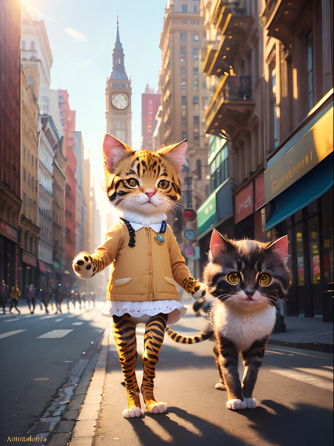 Masterpiece, (ultradadetailed), ((((Animal anthropomorphism)))), a lot of cute kittens ,((( Casual clothes ))), Lovely,(((Sunny city streets))),Happy cityscape,HighestQuali,solofocus,(Thin and light:1.04),full bodyesbian,,bab(high detal:1.1)