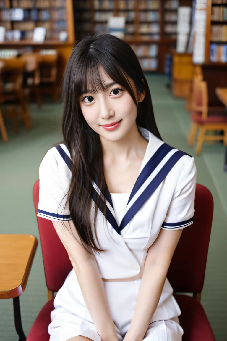 (((Draw only one woman: 2))), Beautiful 18-year-old Japanese woman, (High school girl in short-sleeved white sailor suit: 1.5), (White sailor suit from a strict Japanese girls' school: 1.5), (( High school girl sitting on a chair in the library reading: 1.2)), ((1 screen)), 8K, RAW shot, Highest quality photo, Masterpiece, Nice realistic photo, ((Anatomical Correct proportions: 1.5)), ((perfect proportions)), cute women like Japanese idols, detailed face, detailed eyes, narrow nose, detailed hands and fingers, detailed arms , Detailed skin, detailed legs, short torso, slender body, (Shiny long hair: 1.5), (Large breasts: 1.5), Big breasts that would burst a sailor suit, Fitted sailor suit, (Reading: 1.5)