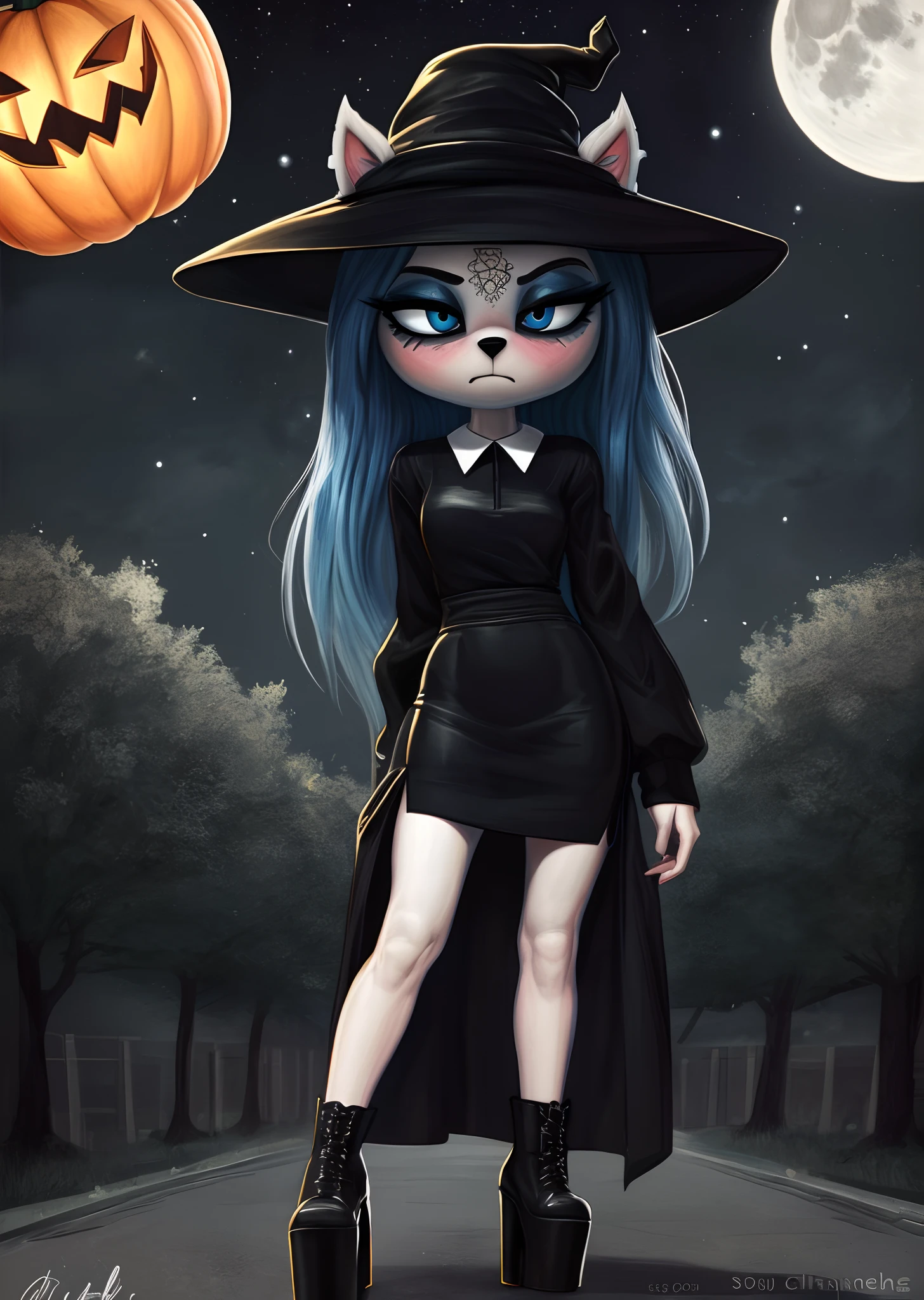 [Claire (the summoning)], [Uploaded to e621.net; (Pixelsketcher), (wamudraws)], ((masterpiece)), ((HD)), ((high quality)), ((solo portrait)), ((front view)), ((full body)), ((furry; anthro)), ((detailed fur)), ((cel shading)), ((detailed shading)), ((beautiful render art)), ((intricate details)), {anthro, (slim figure), white fur, black nose, long blue hair, cute blue slit eyes, (dark-blue eyeshadow),  (short eyelashes), (blushing), (slight smirk)}, {(black robe), (shorts sleeves), (tight pencil skirt), (black witch hat), (goth platform boots), (heels)}, {(standing), (hands at side), (looking away from viewer)}, [background; (park), (jack-o-lantern), (starry sky), (full moon), (ambient lighting)]