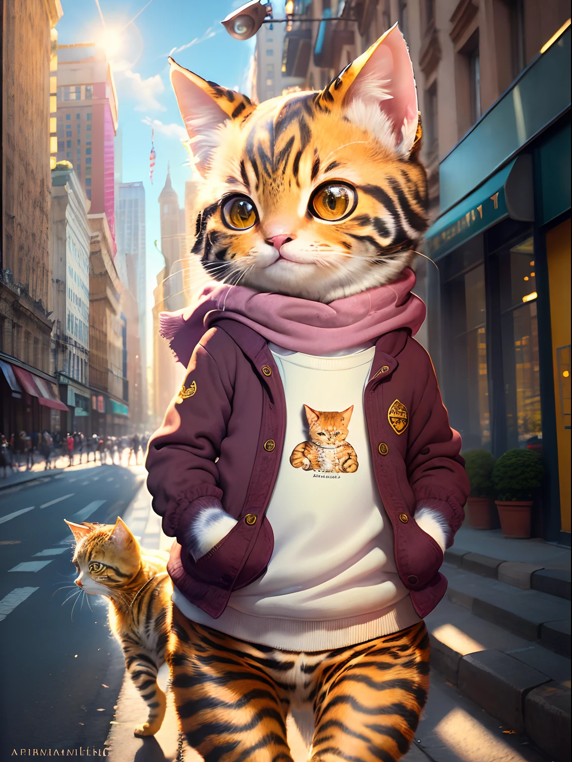 Masterpiece, (ultradadetailed), ((((Animal anthropomorphism)))),  a lot of cute kittens ，((( Casual clothes ))), Lovely，(((Sunny city streets)))，Happy cityscape，HighestQuali，solofocus，（Thin and light：1.04），full bodyesbian,???,baby，复杂（high detal：1.1）