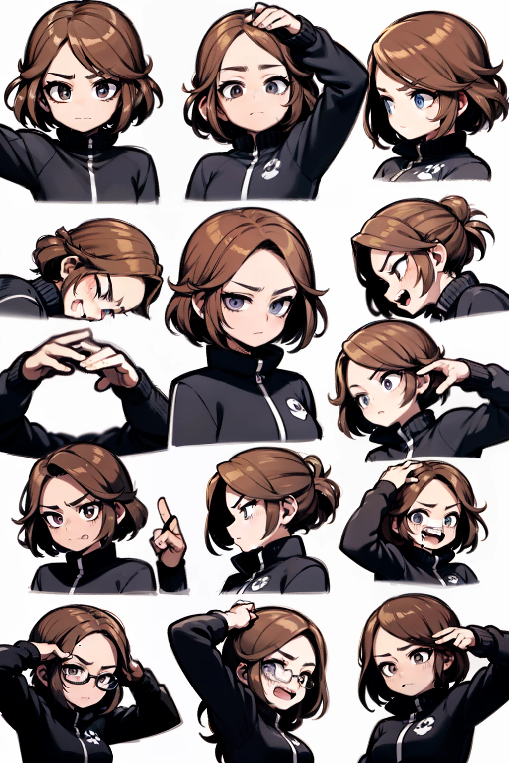 Cute girl avatar,Emoji pack,(glasses),(9 emojis,emoji sheet of,Align arrangement),9 poses and expressions(grieves,astonishment,having fun,exhilarated,big laughter,Angry,doubt,Touch your head,Sell moe, cute),Anthropomorphic style,Chinese style,Black strokes,Different emotions,9 poses and expressions,8K