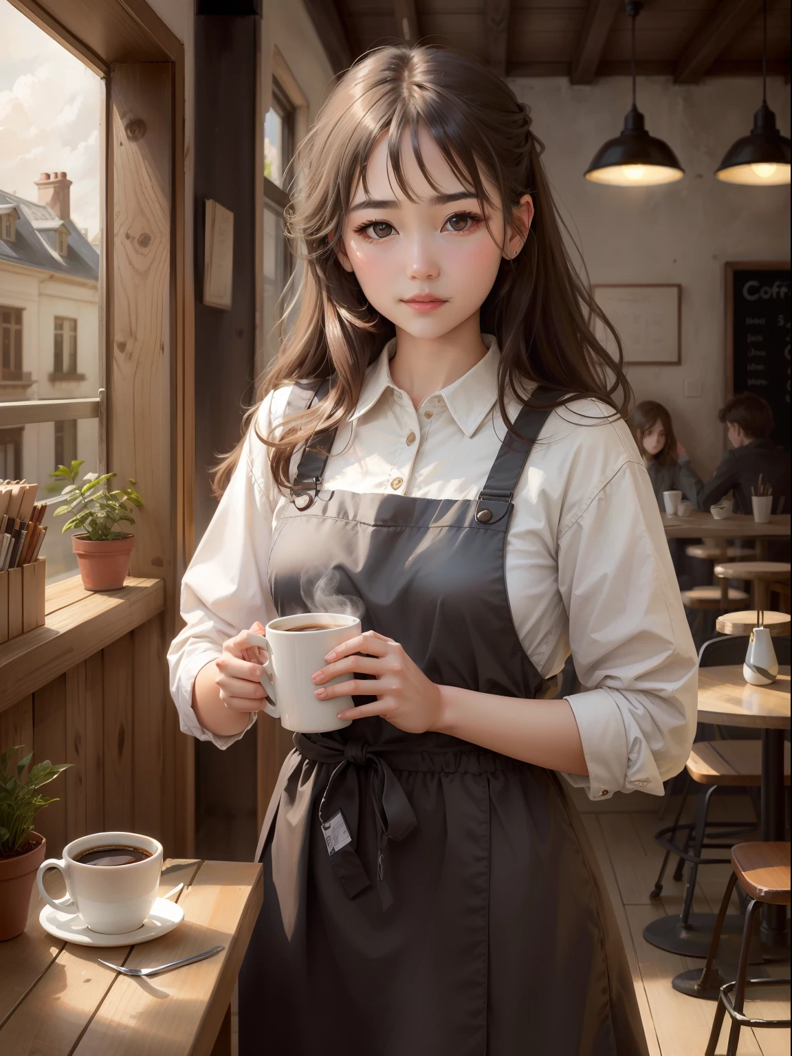 Coffee Girl, Realistic, High Quality, coffee shop, Soft light, Natural and authentic, coffee,